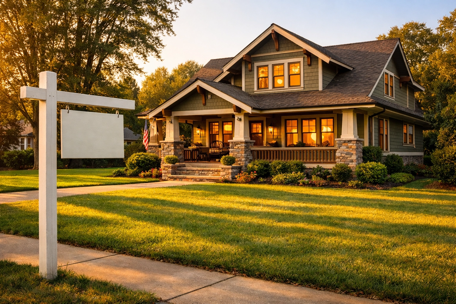 Craftsman house in a Georgia suburb with a for sale sign, highlighting the wait to sell house as is.