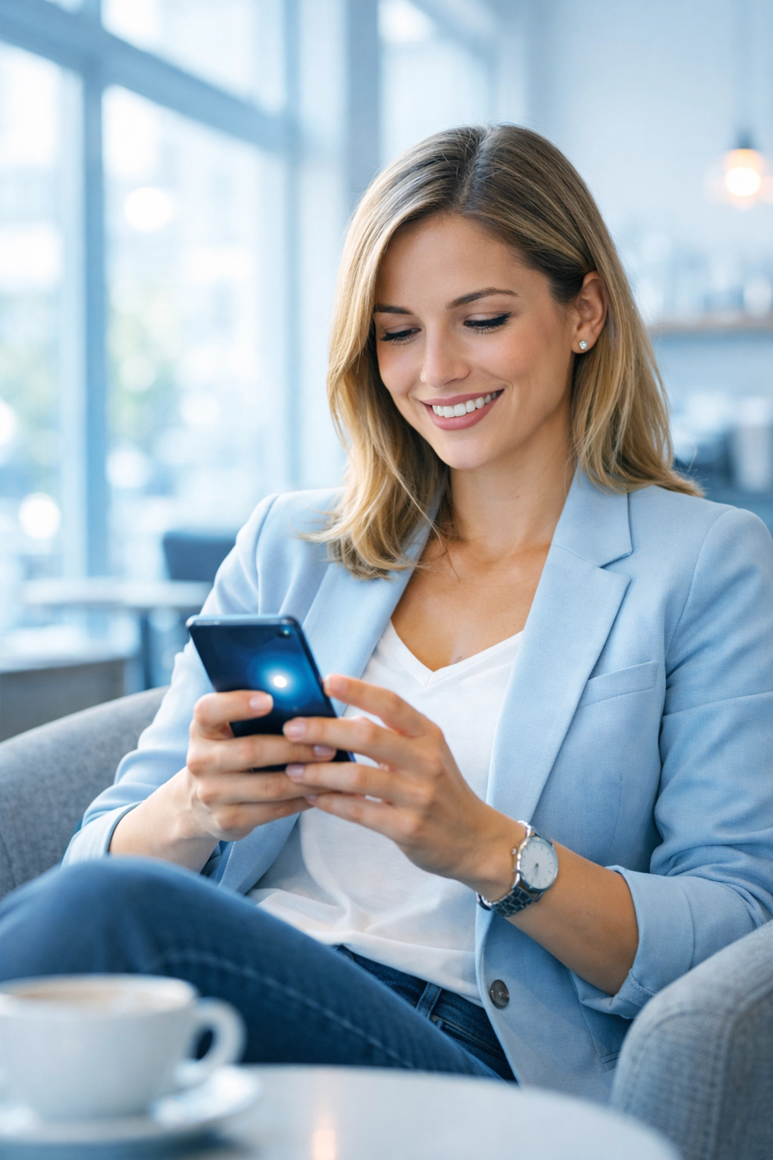 Client using smartphone to access remote tax services and bookkeeping from coffee shop