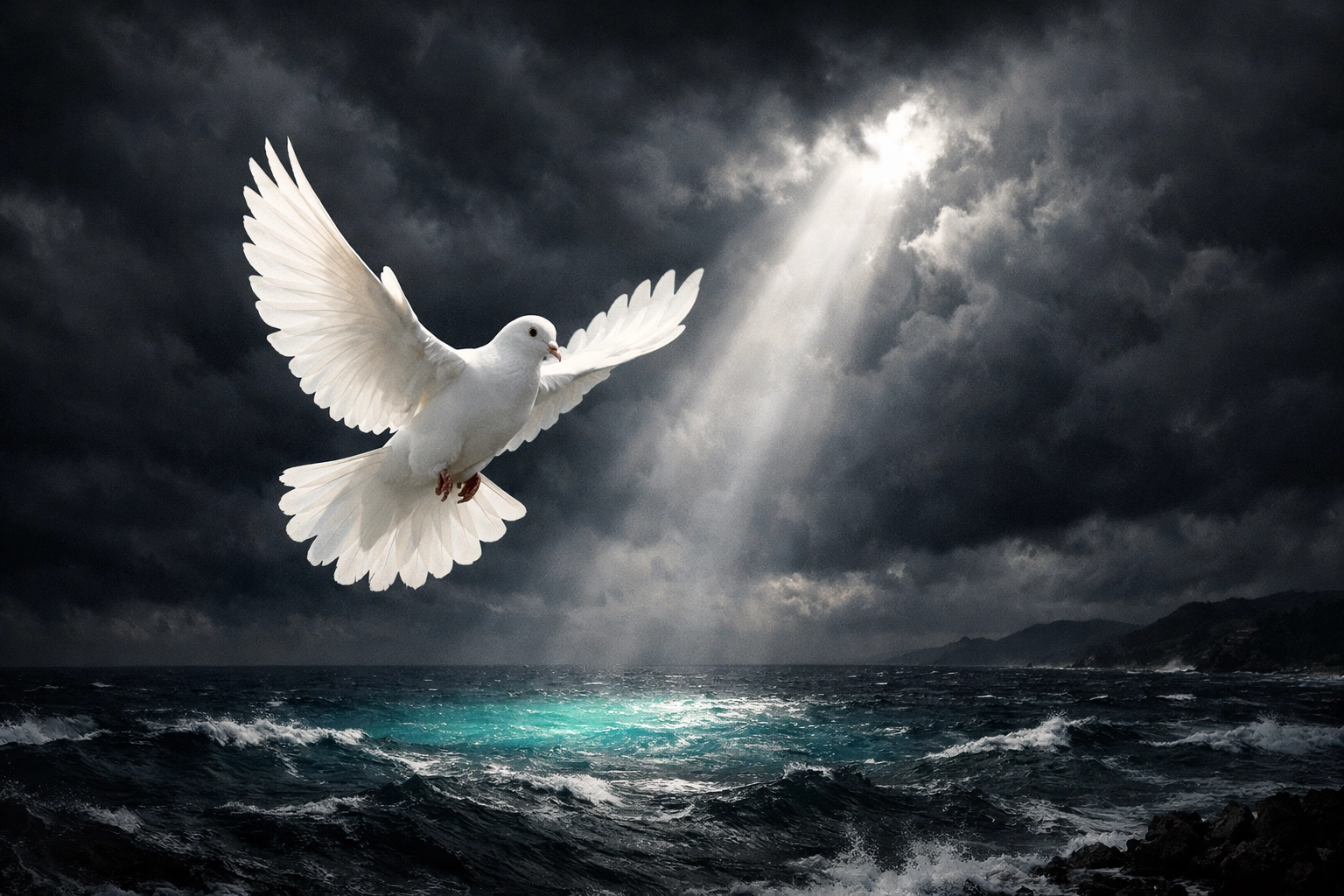 A white dove flying through storm clouds over the sea, representing the Holy Spirit as a refuge and peace.