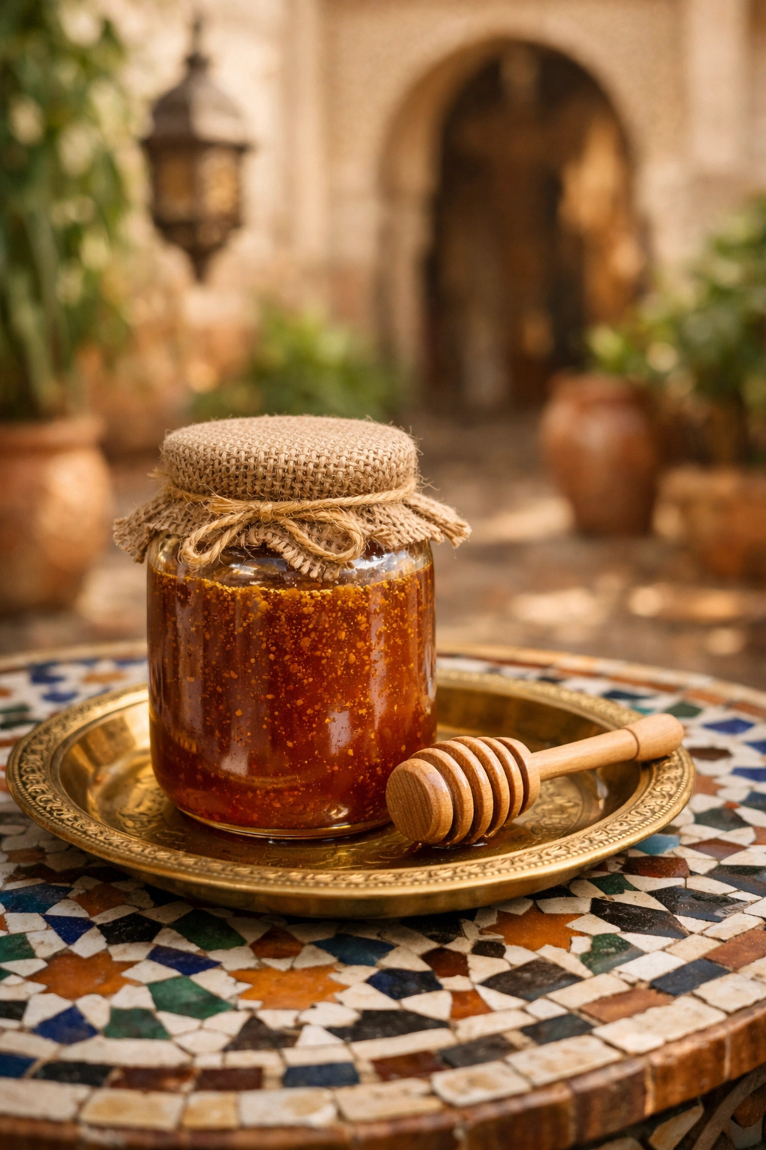 Authentic Moroccan honey enriched with propolis displayed on a traditional brass and mosaic tray.