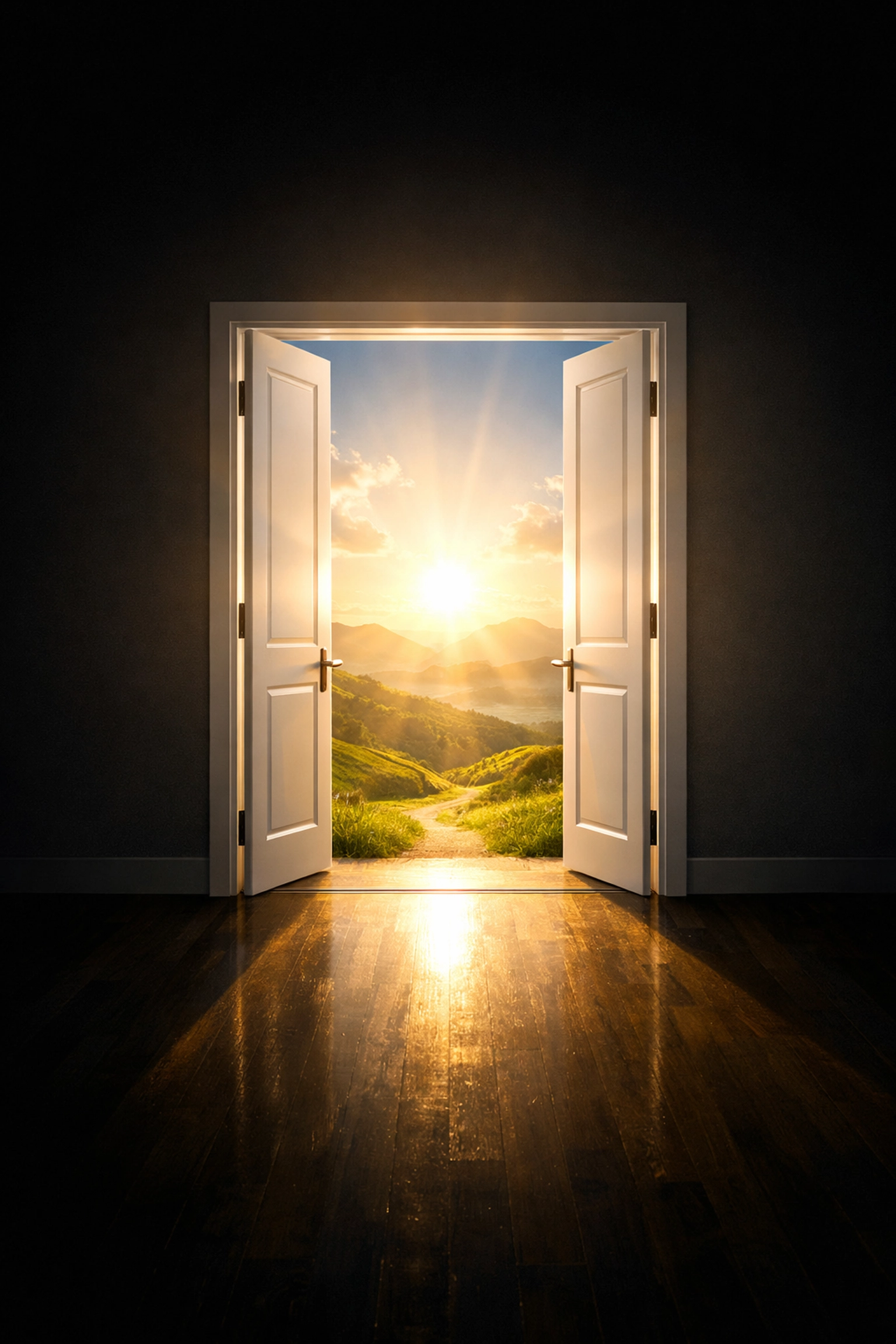 Open door radiating light symbolizing Jesus opening new opportunities and supernatural breakthrough