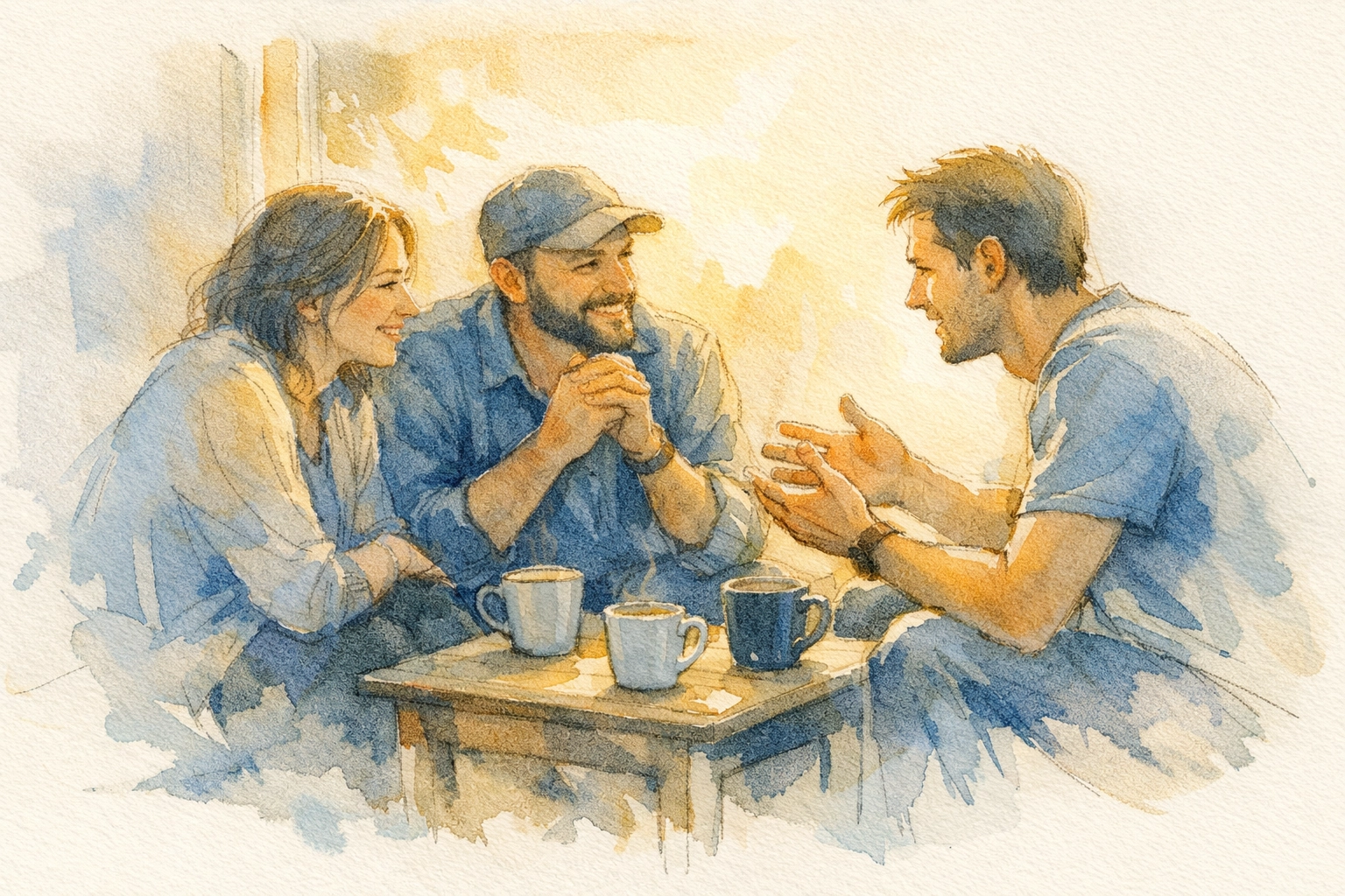 Small group fellowship with three people connecting over coffee in intimate setting