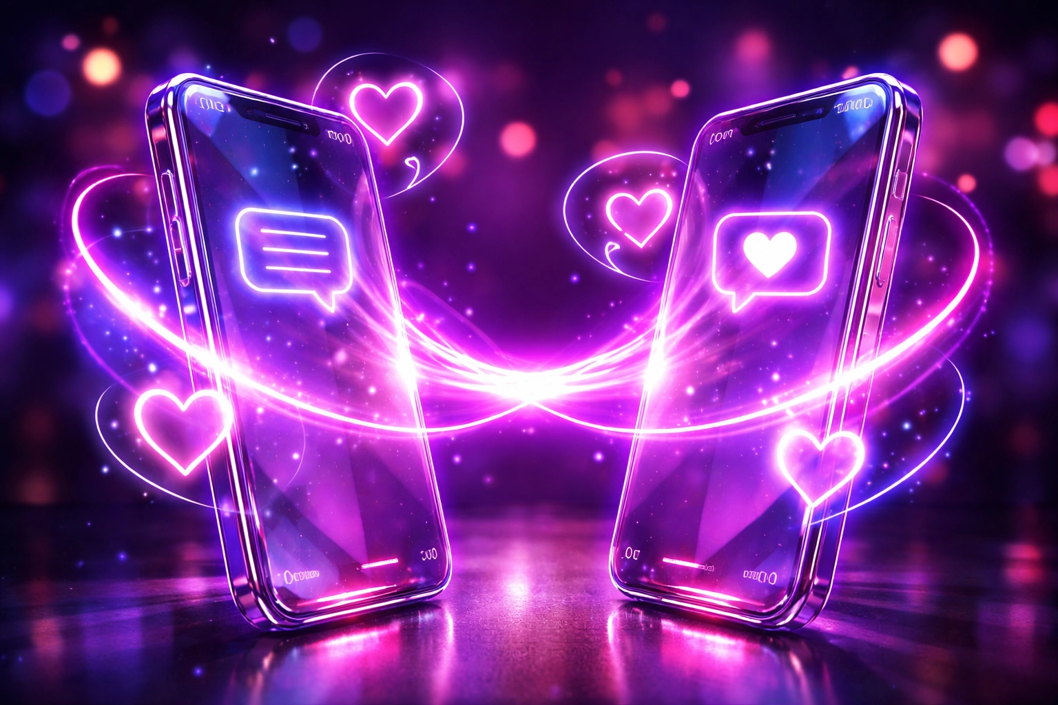 Two glowing smartphones face each other with neon hearts, representing honesty and open communication in ethical non-monogamy.