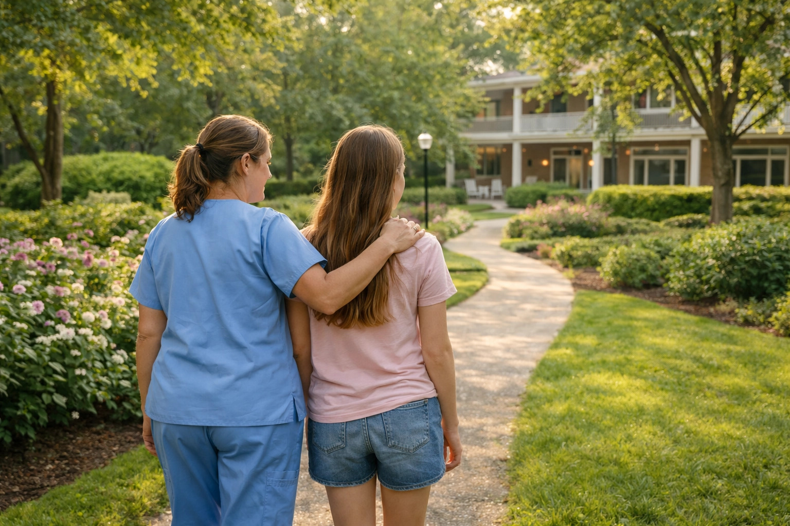 A caregiver and teen walking together in a healing garden at a teen residential treatment center.