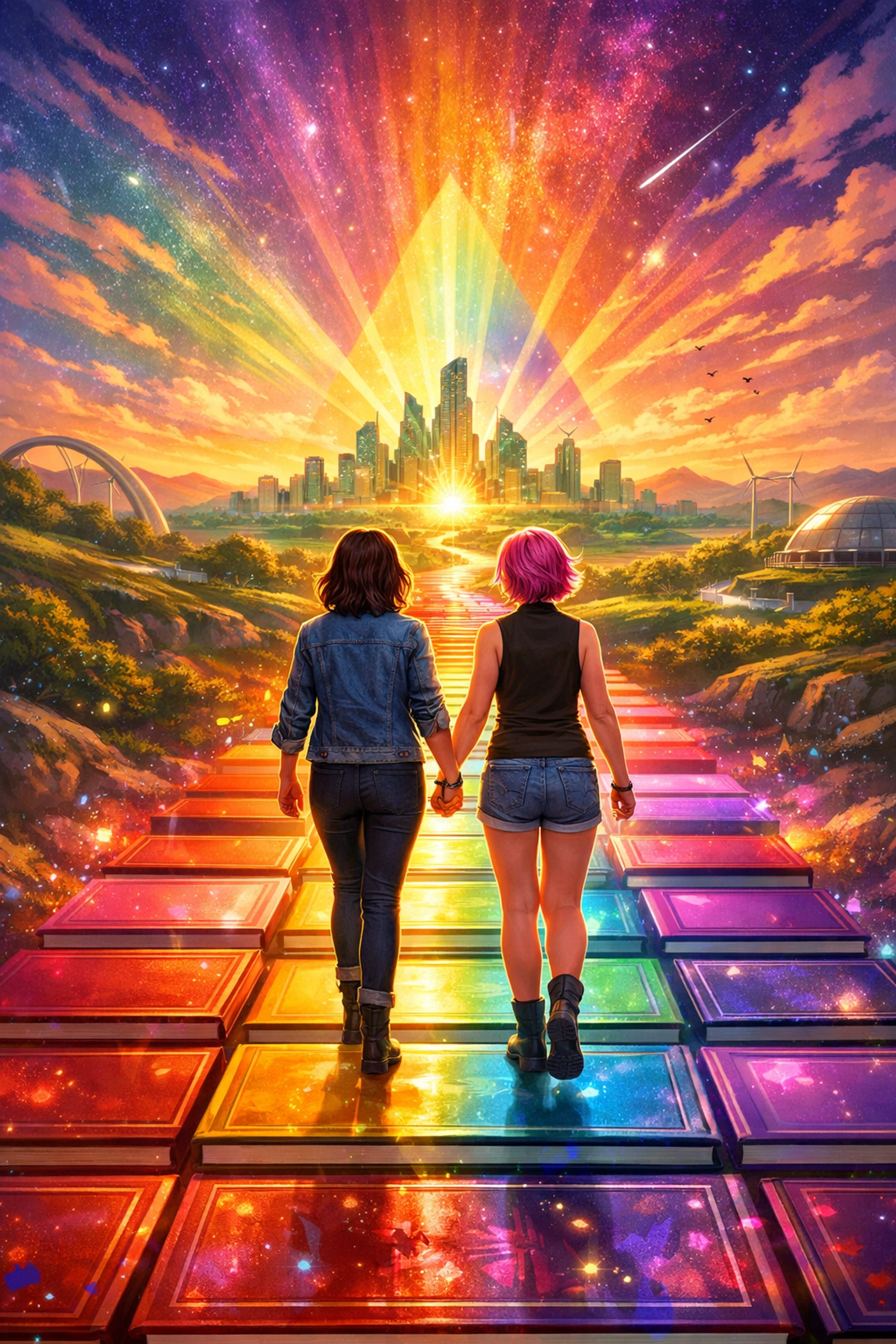A lesbian couple walks toward a colorful horizon on a path made of books, representing a bright queer future and joy.
