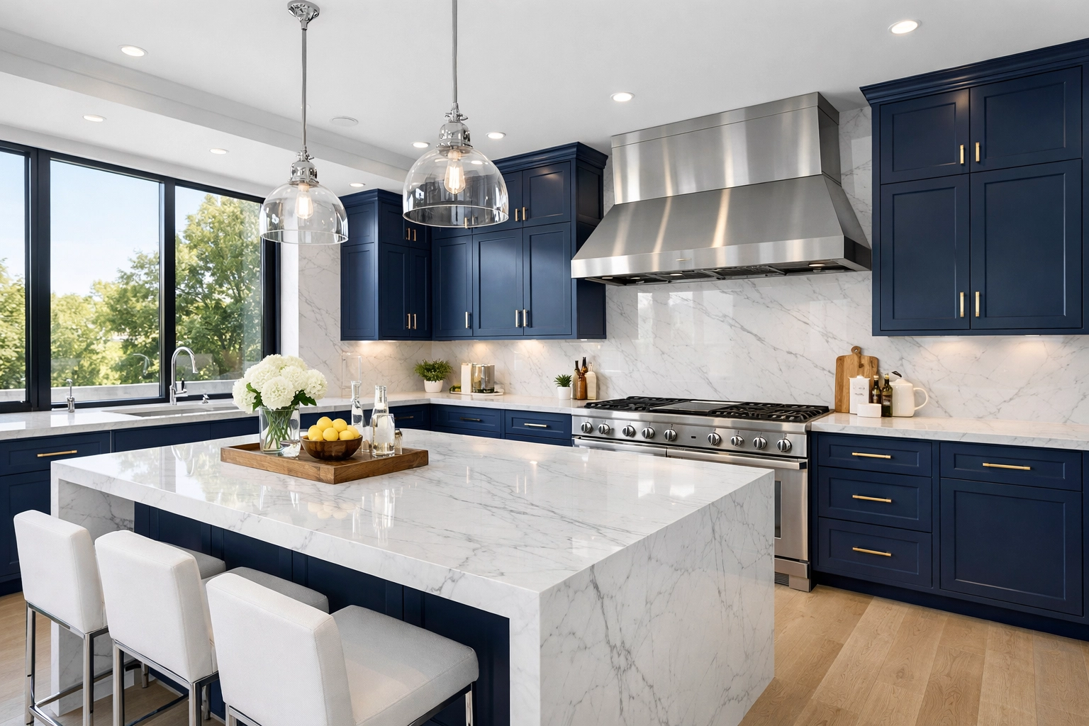 Bright modern kitchen with marble counters cleaned by a bi-weekly house cleaning service.