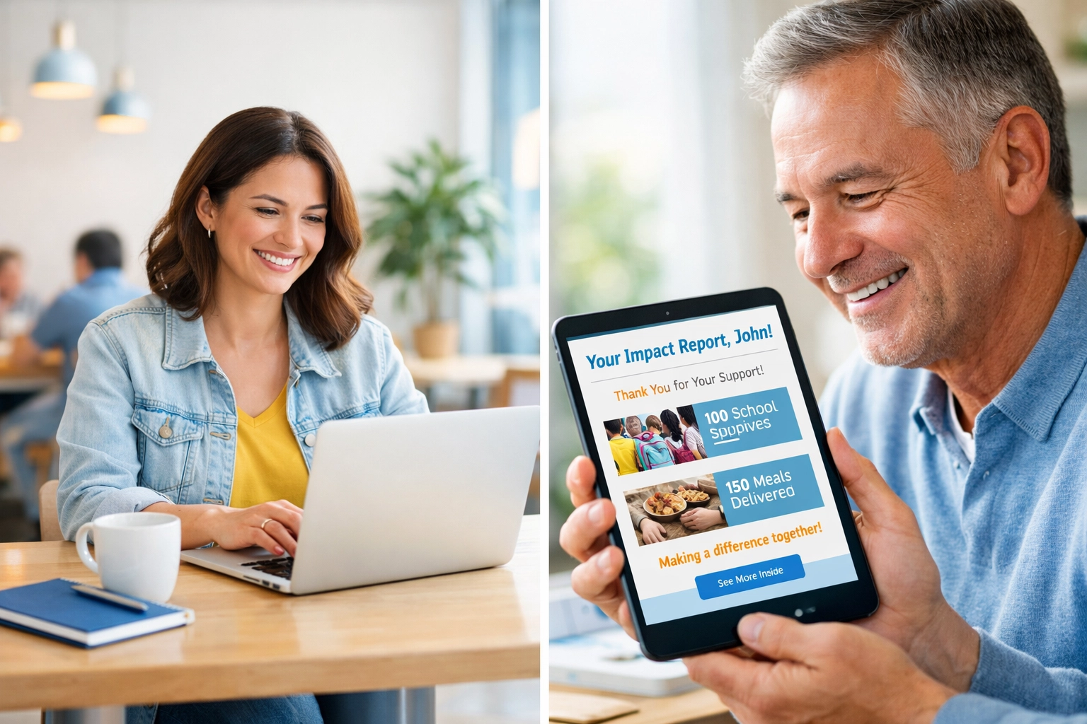 Nonprofit professional using automation while donor reviews personalized impact report