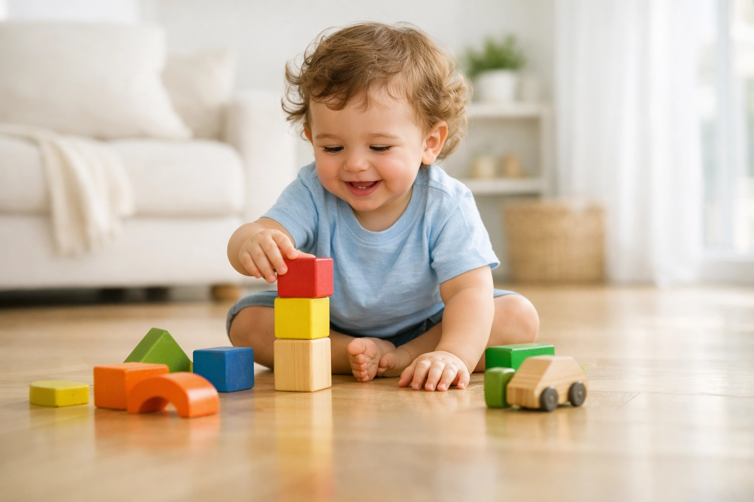 A happy child playing on a clean wooden floor in a healthy, dust-free Norwich home environment.