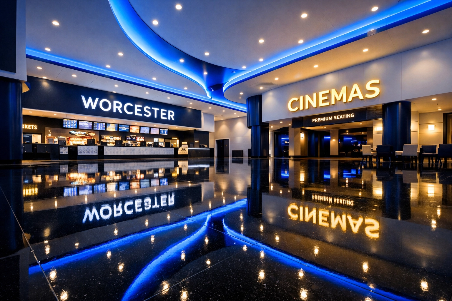 Spotless Worcester cinema lobby with polished floors following professional commercial cleaning.