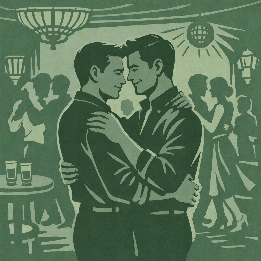 Gay men dancing intimately in 1960s underground bar during Stonewall era