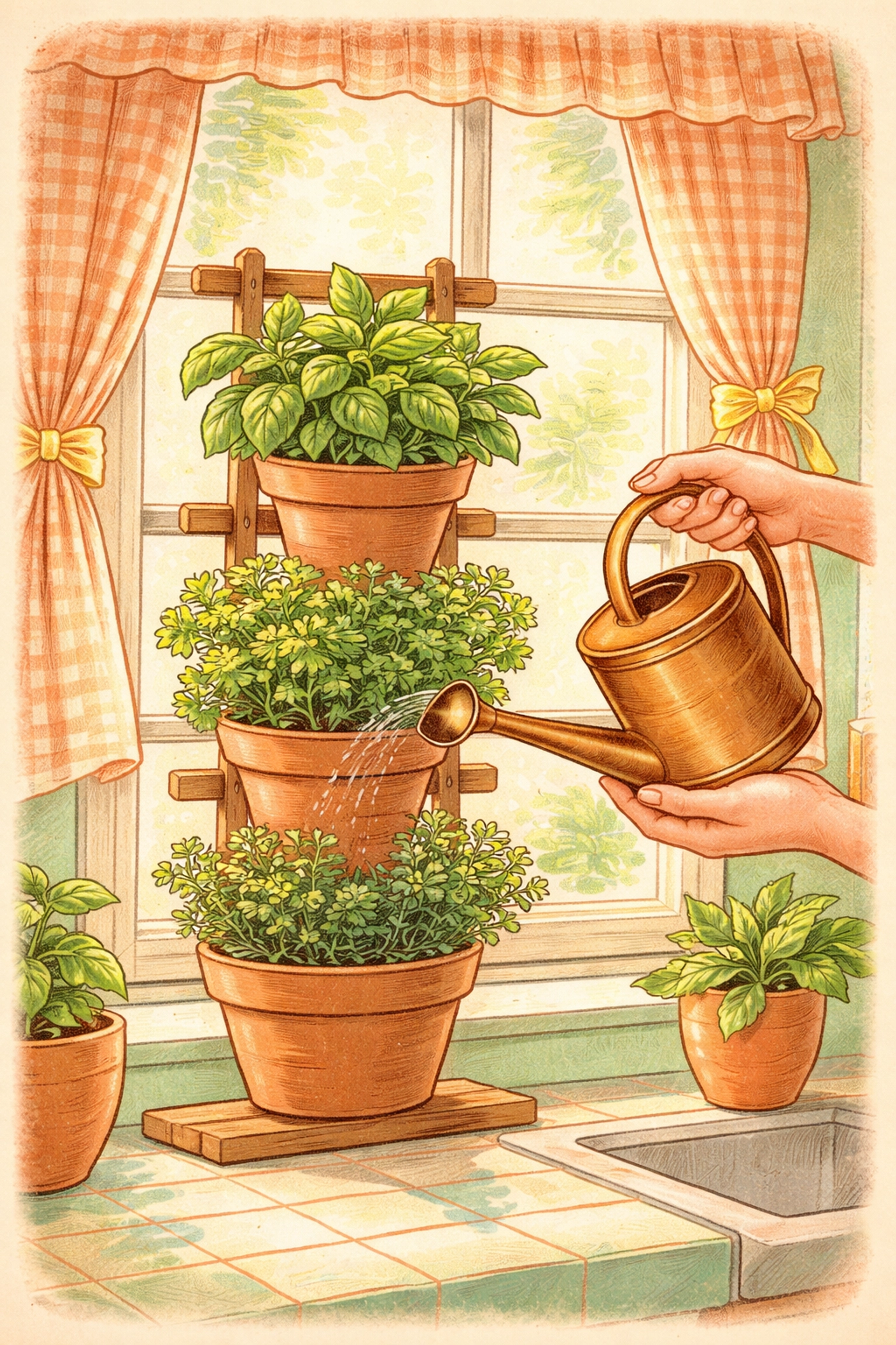 Watering a tiered indoor herb garden at the base of each plant to prevent mildew and encourage healthy growth.