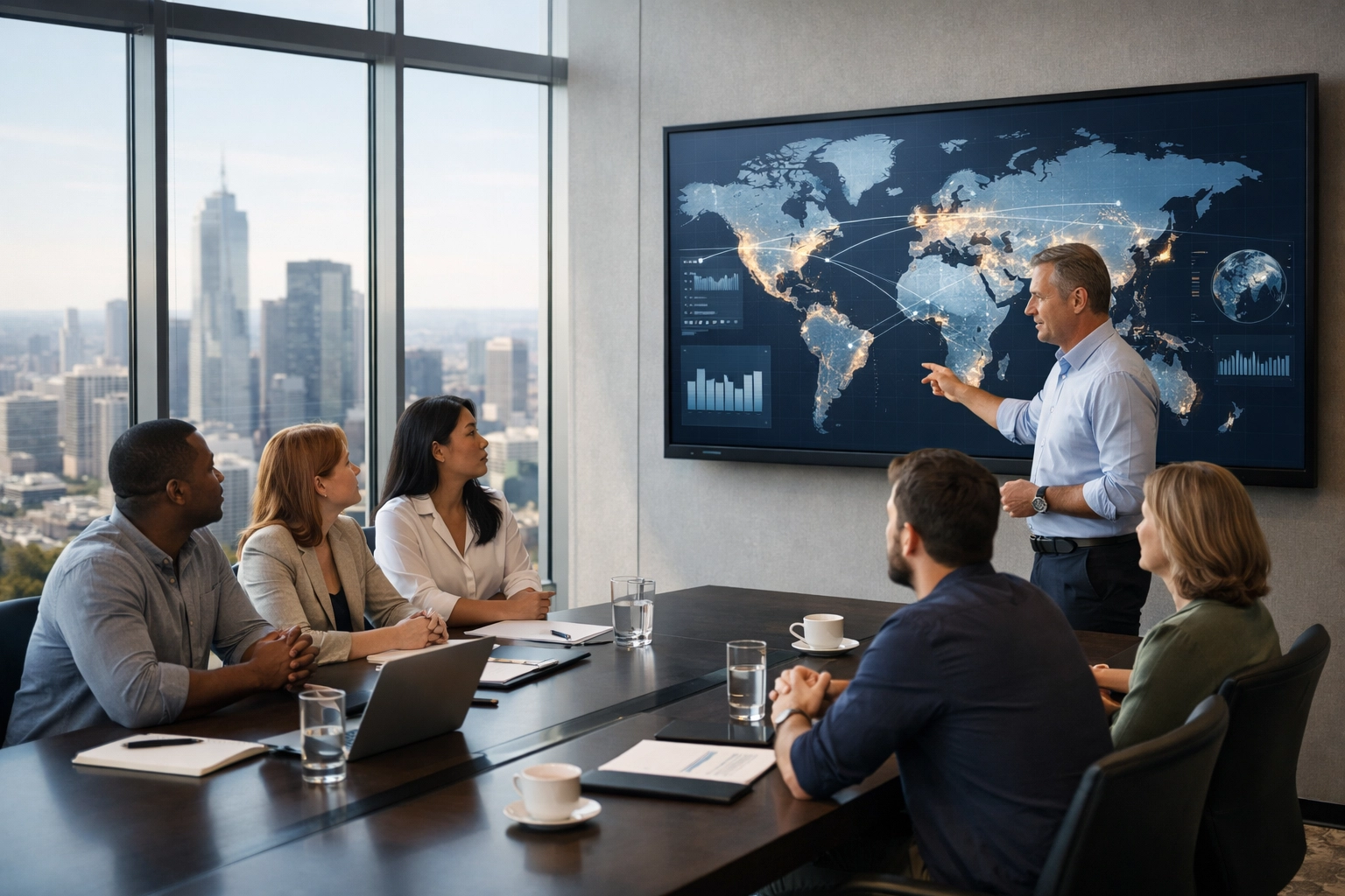 Strategic brand partnership meeting with professionals discussing global media innovation and consulting.