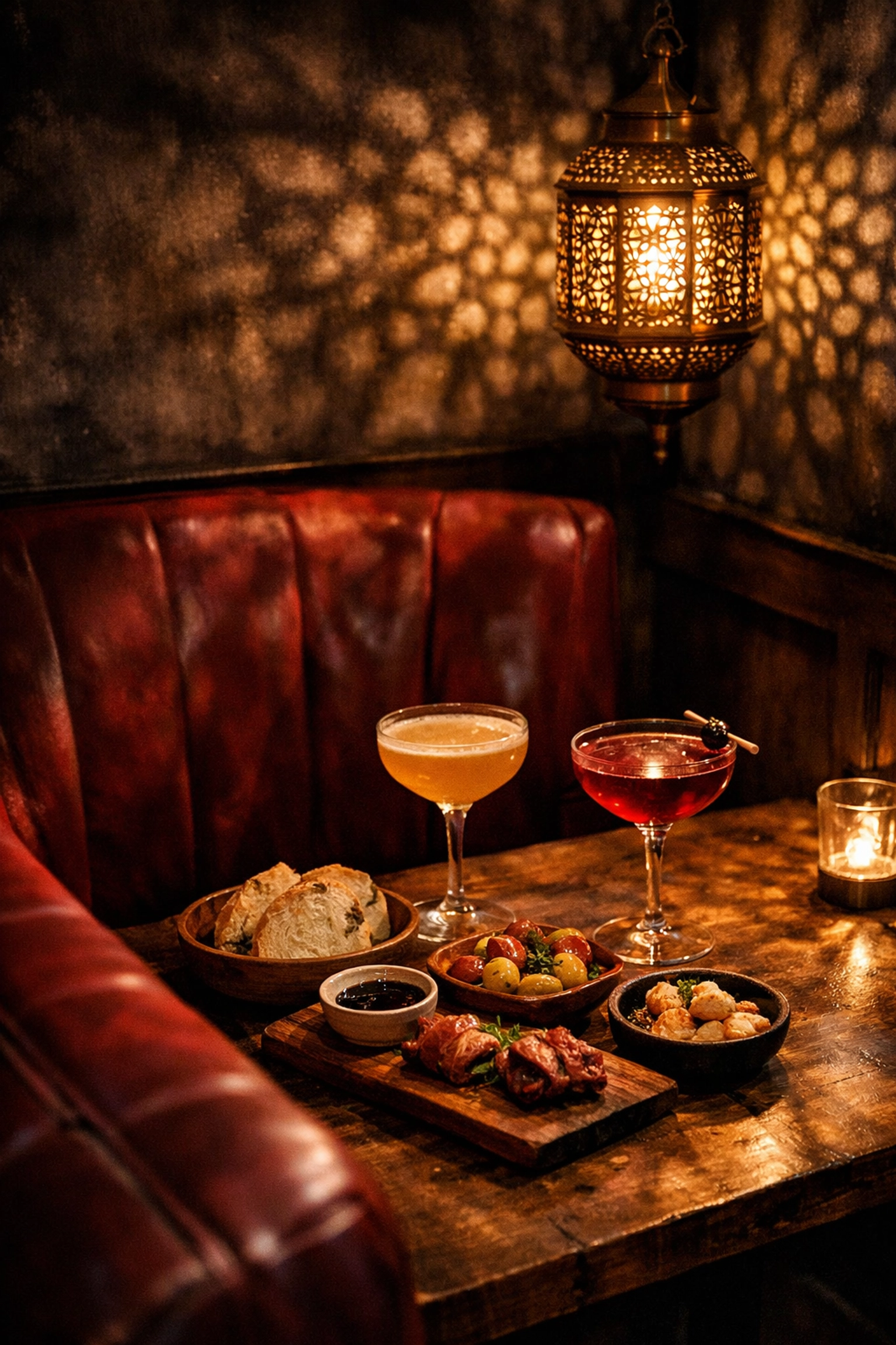 Intimate velvet seating and shared tapas at a hidden Montreal cocktail bar.