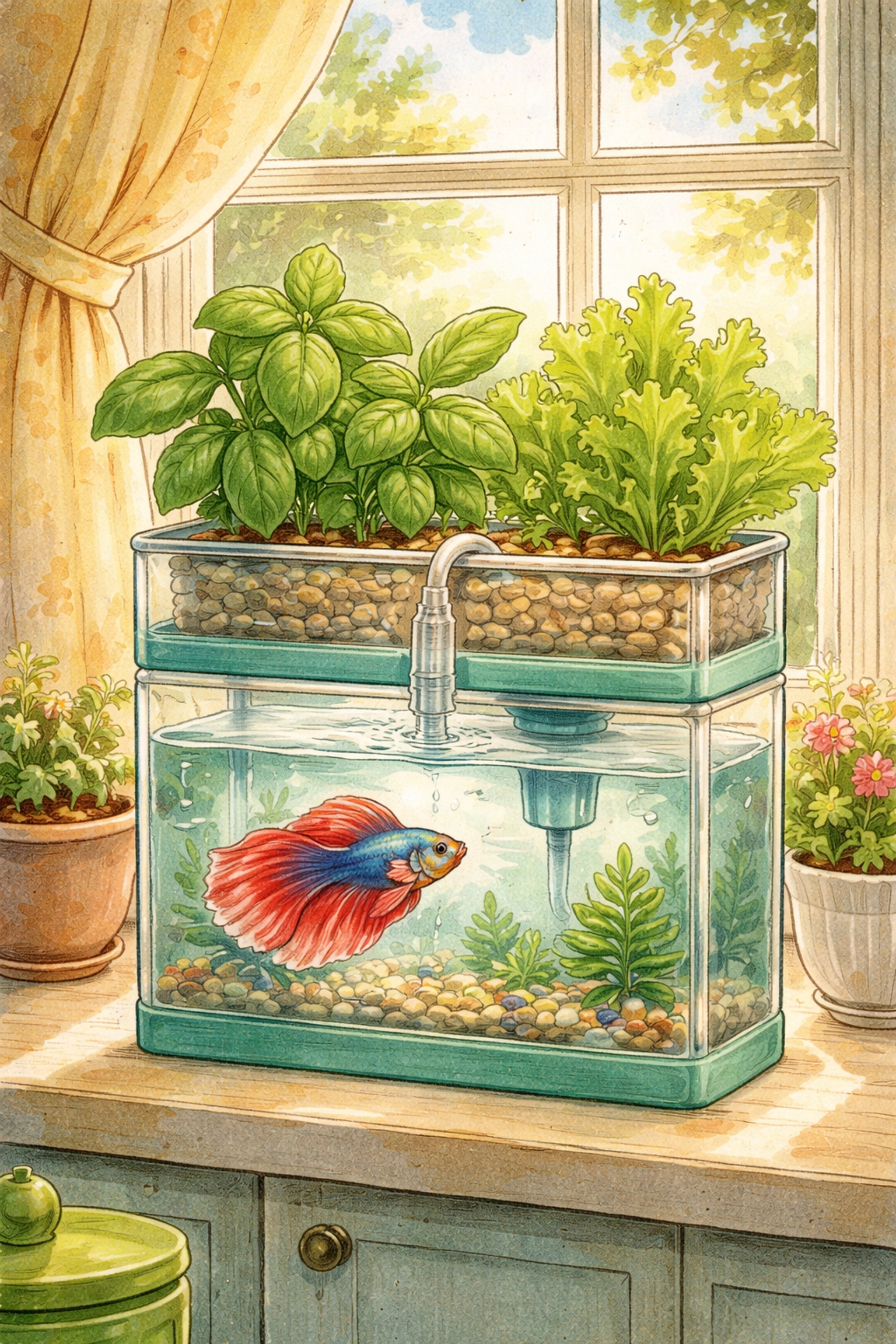 Mini aquaponics setup on a windowsill with a betta fish and healthy basil and lettuce plants thriving above