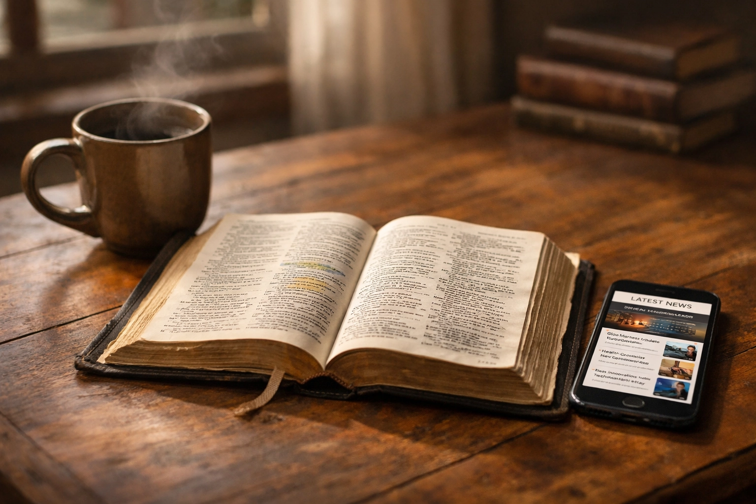 Open Bible beside coffee and smartphone representing balance between staying informed and spiritual peace