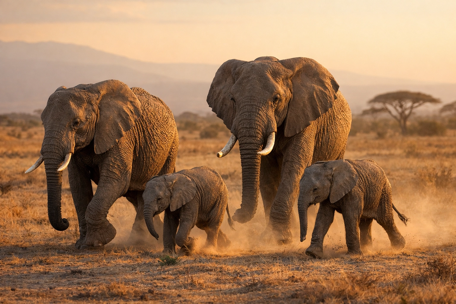 African Elephant family walking across the savanna at golden hour in a natural behavioral shot.