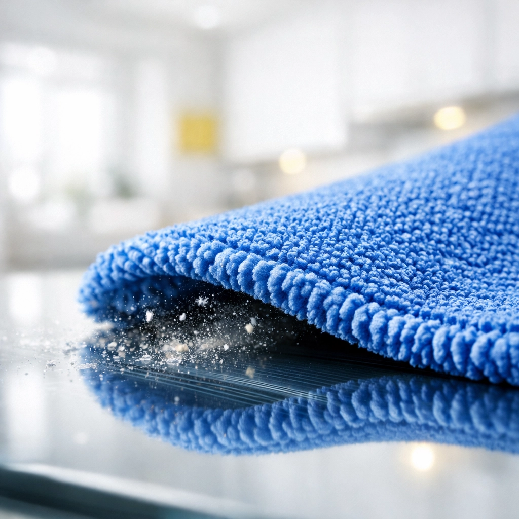 Close-up of a blue microfiber cloth trapping dust particles on a clean glass window surface.