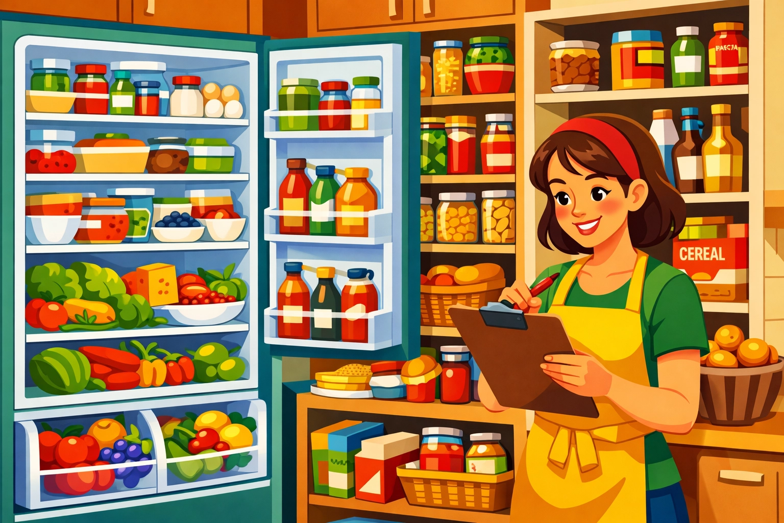Organized refrigerator and pantry with fresh ingredients for healthy family meal planning