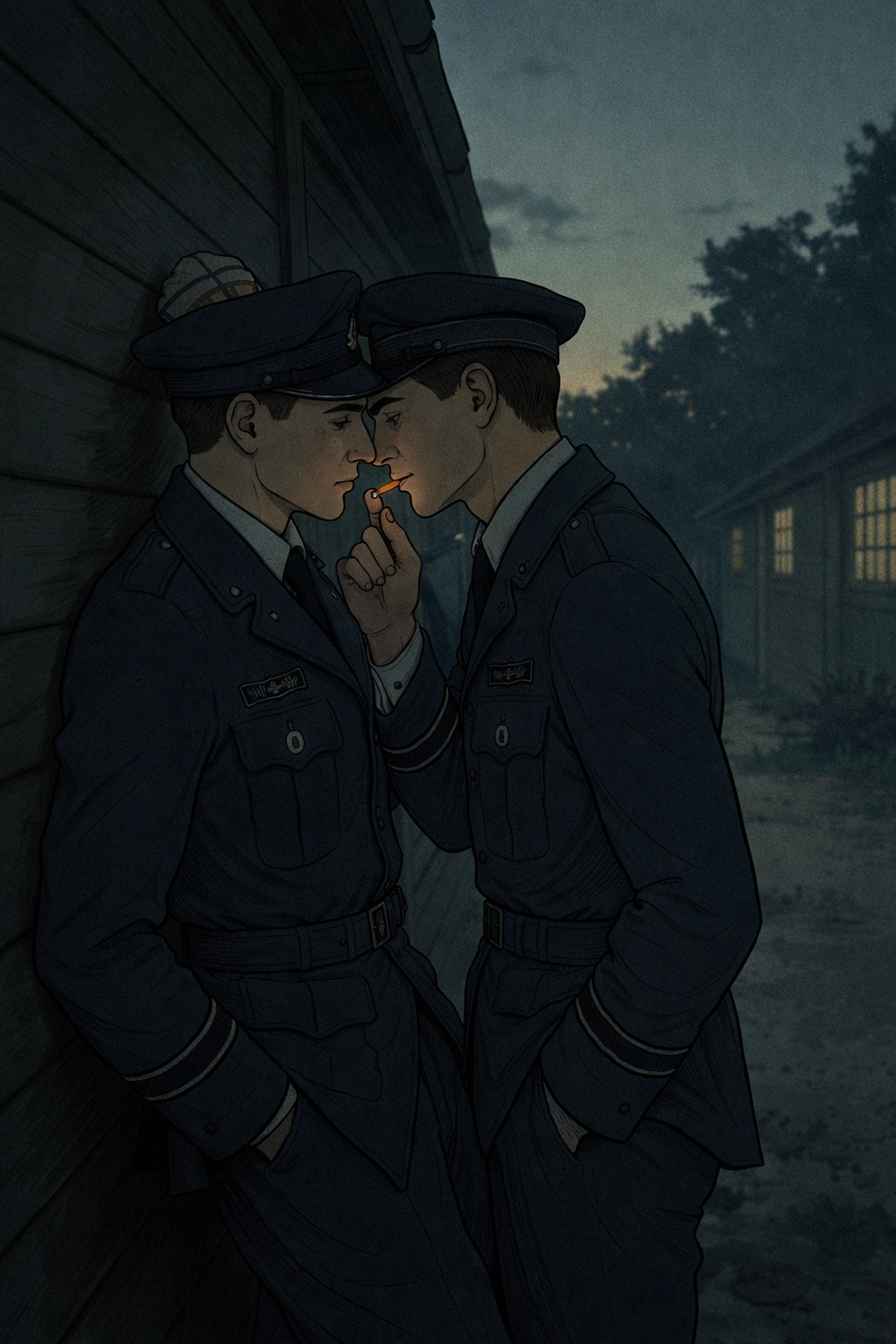 Two men in RAF uniforms share a secret romantic moment behind the barracks at dusk, illustrating forbidden MM love in wartime Britain.