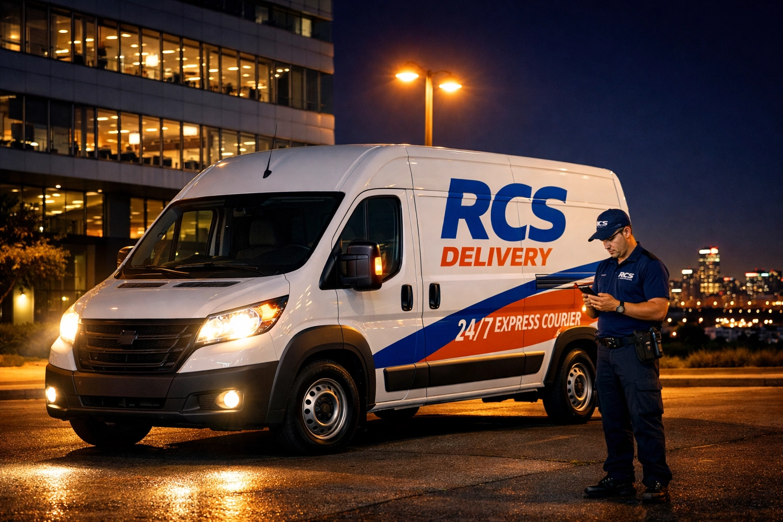 A nighttime photorealistic scene featuring a white RCS Delivery van with blue and orange branding parked under warm streetlights in front of a modern office building. The van's headlights are on, creating a sense of urgency and readiness. A courier in branded uniform is visible near the driver's door, checking a mobile device. The image captures the glow of city lights in the background with a deep blue night sky, emphasizing 24/7 availability and reliability. Shot from a three-quarter front angle with dramatic but natural lighting that highlights the vehicle's professional appearance.
