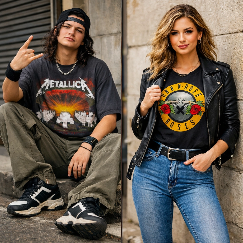 Side-by-side comparison of oversized and fitted band tee styling options