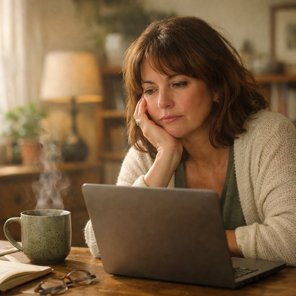 Midlife woman experiencing a 3pm crash and fatigue while working at her home office desk.