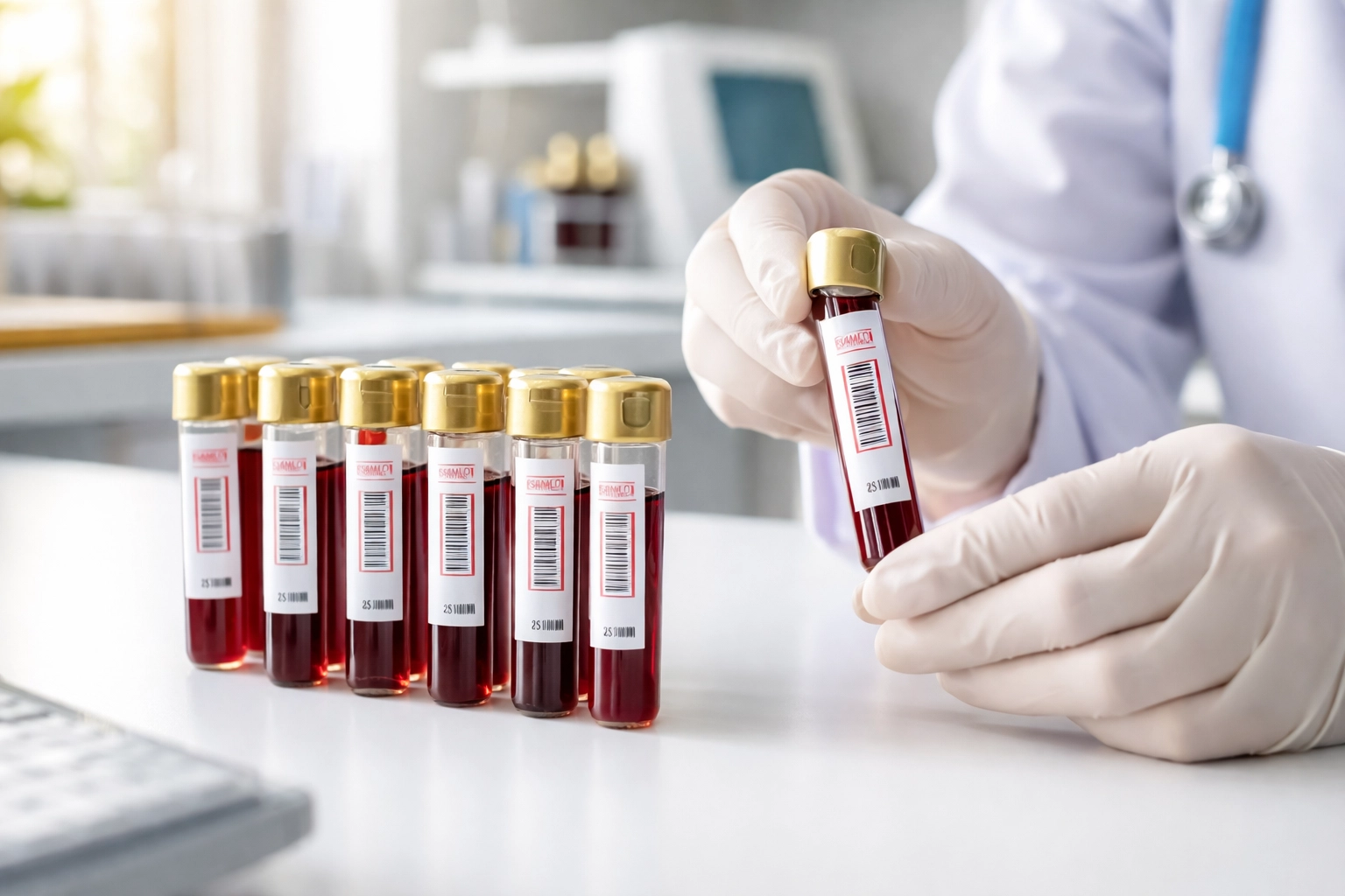 Blood sample vials in a medical lab highlighting diagnostic testing for testosterone therapy