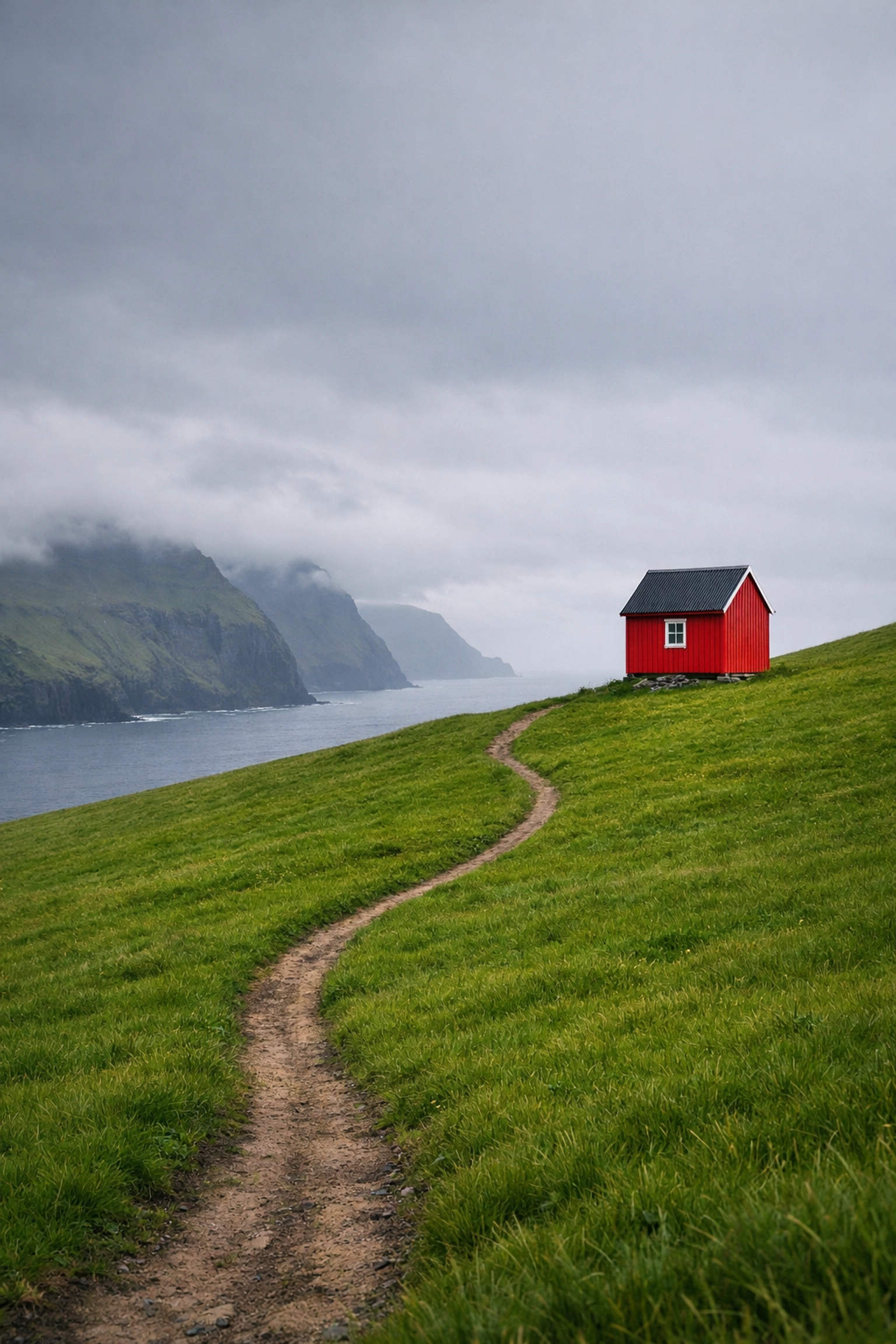 Red cabin in the Faroe Islands showcasing leading lines and composition tips for travel photography.