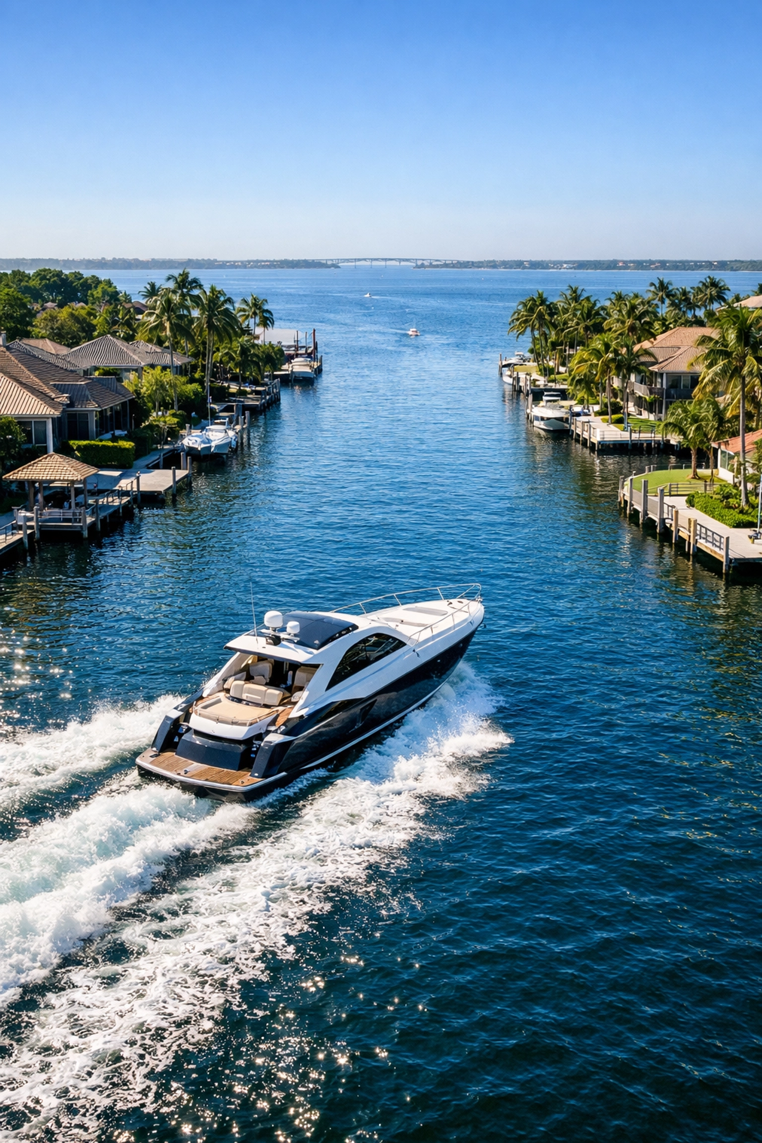 Aerial view of a luxury boat navigating a Southeast Cape Coral canal with Gulf access.