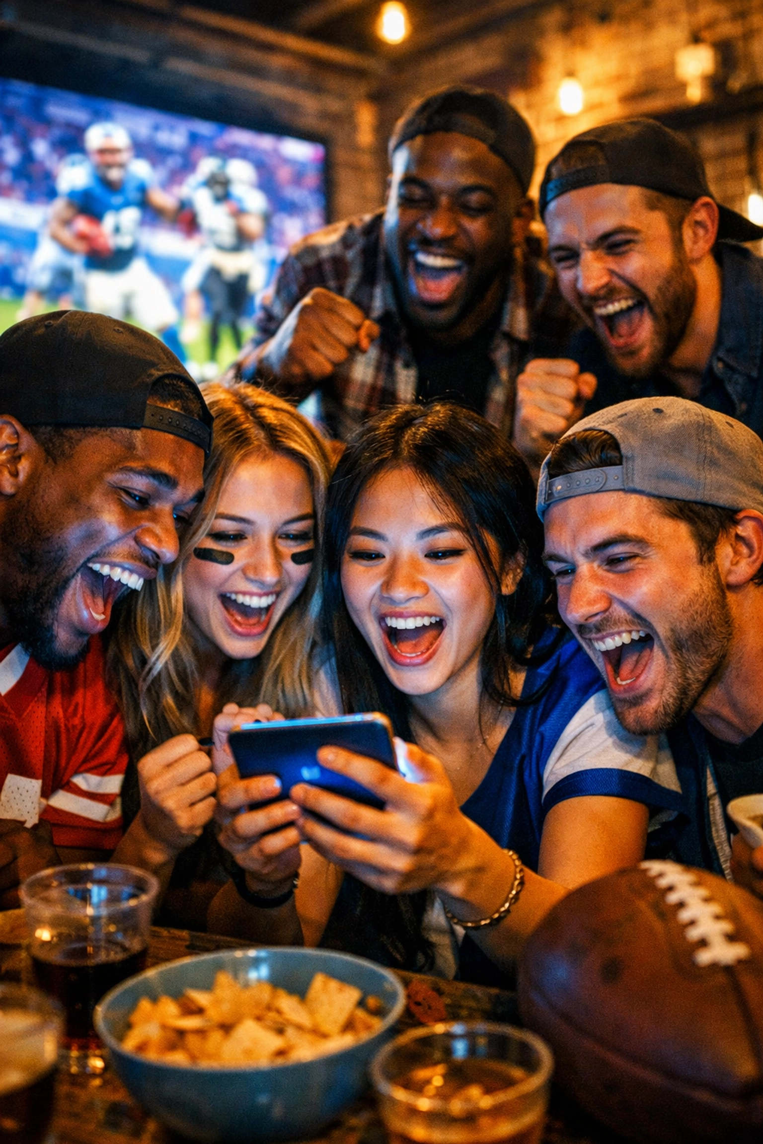 Fans at a Super Bowl watch party using smartphones to interact with live digital sports marketing content.