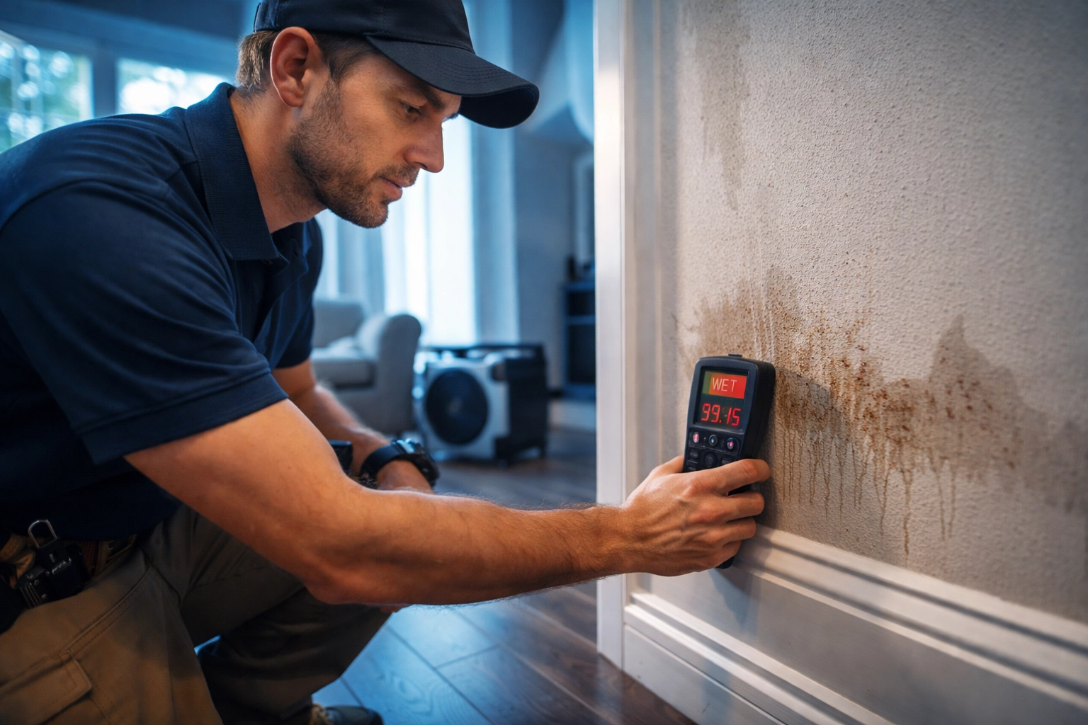 Restoration technician using moisture meter to detect hidden water damage in Louisiana living room
