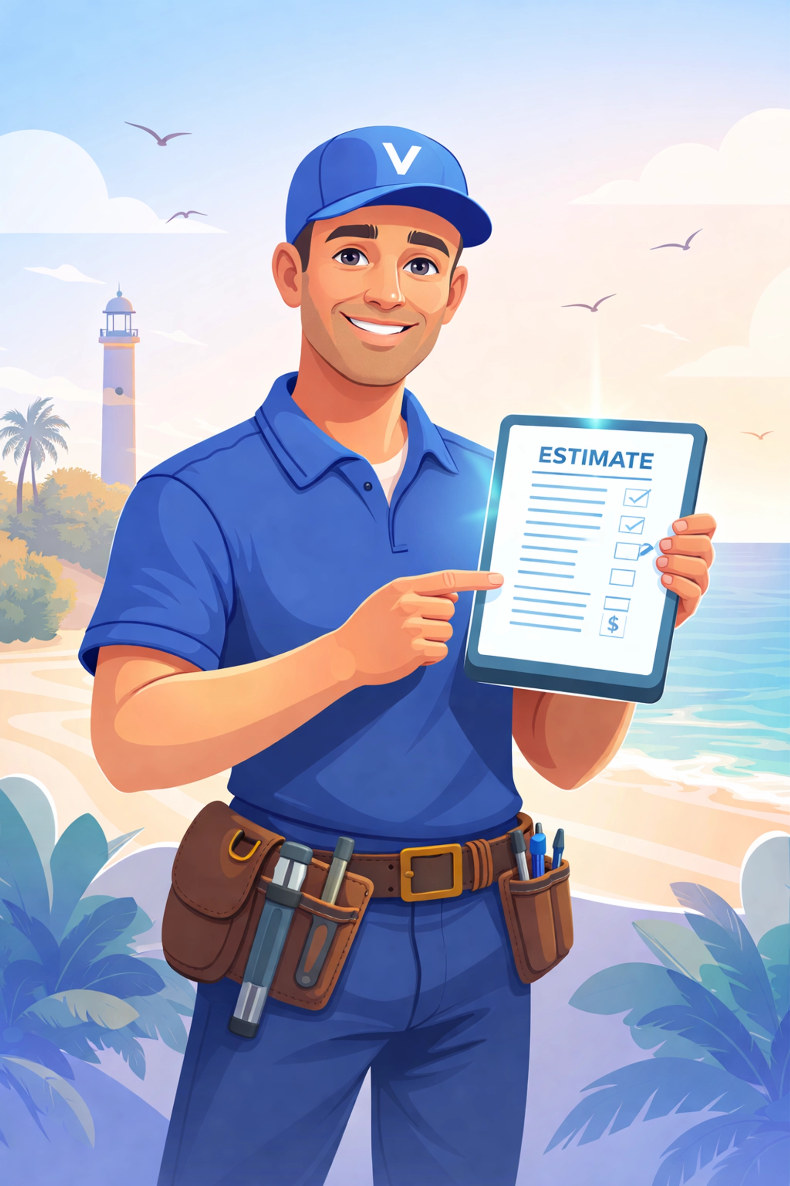 Virginia Beach contractor confidently holding a tablet with an AI-powered estimate, showing tech advantage in contractor leads.