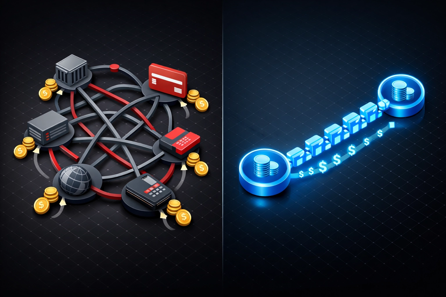 Traditional payment flow with five intermediaries versus streamlined blockchain payment system