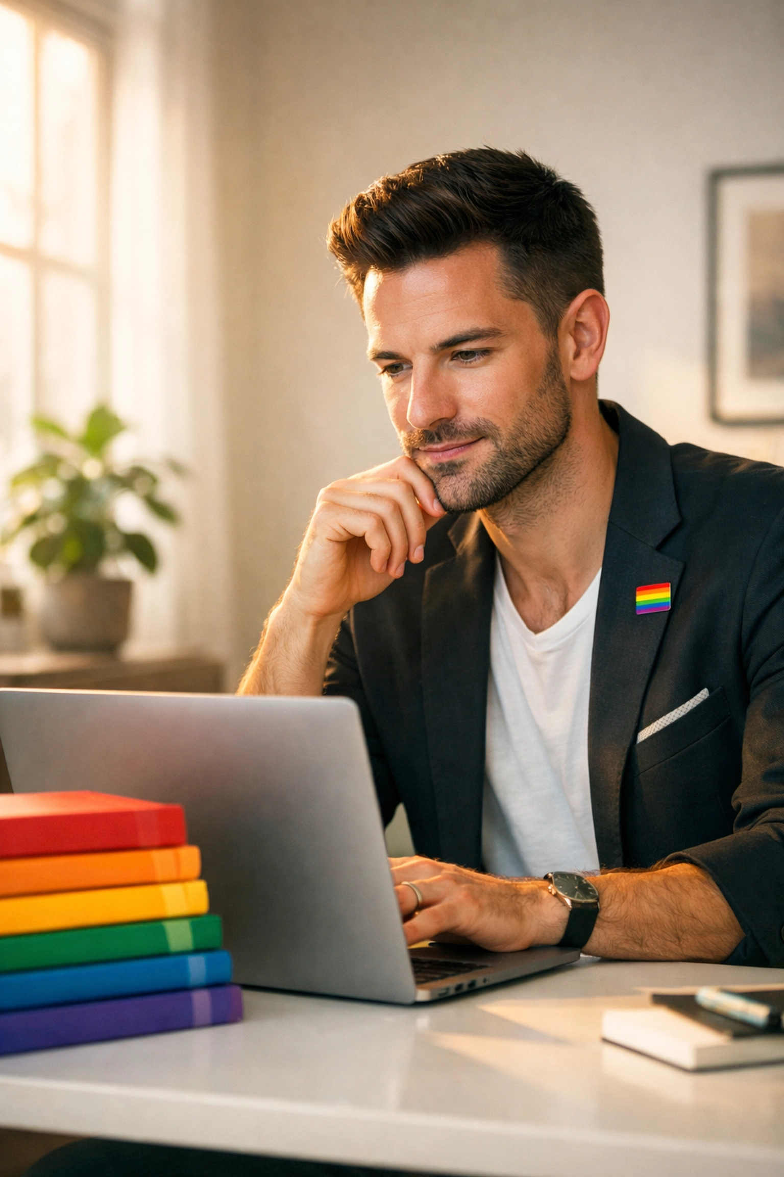 Gay author writing an MM romance novel on a laptop in a bright, modern home office.