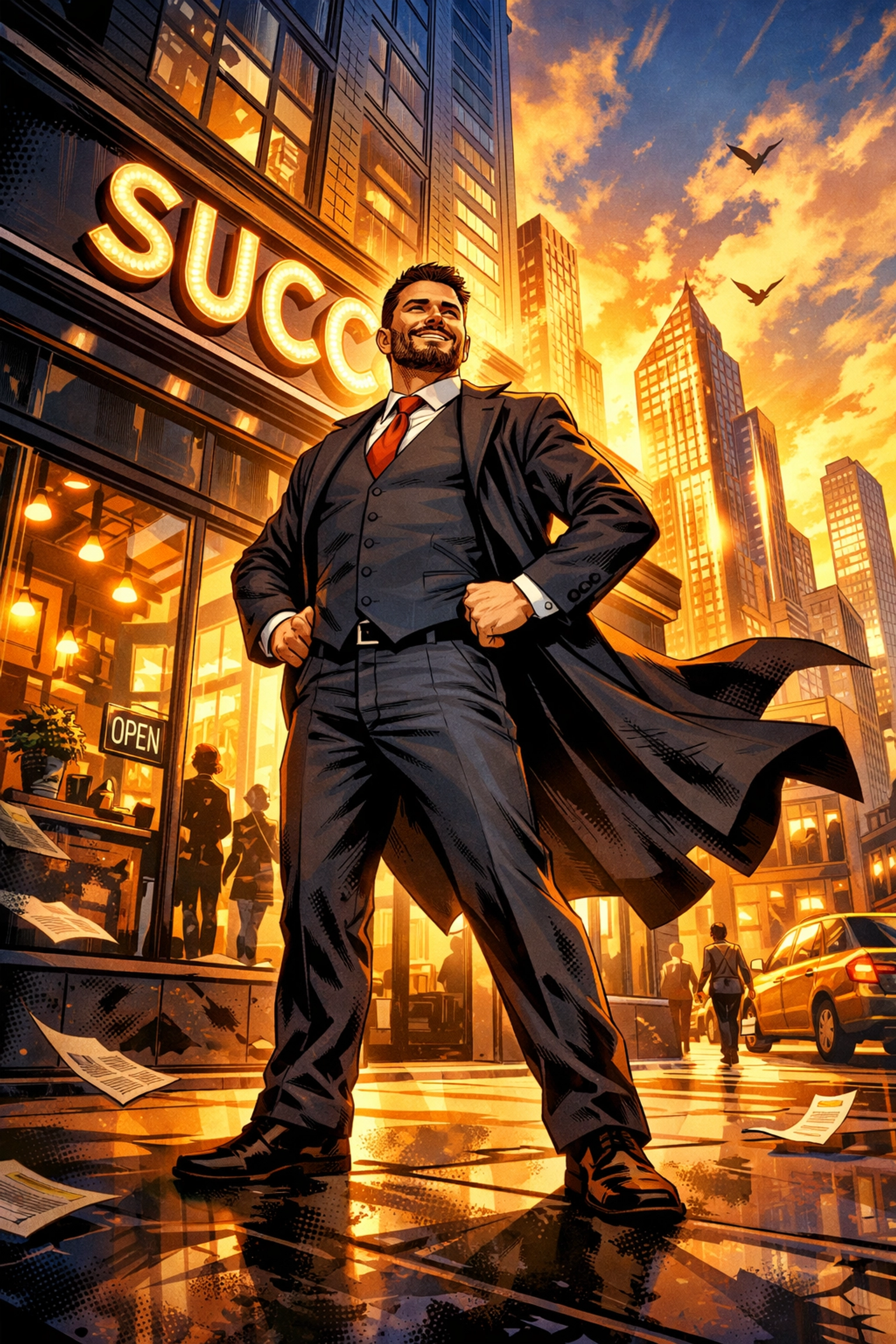 Heroic illustration of a successful business owner at their storefront after choosing the best merchant account broker.