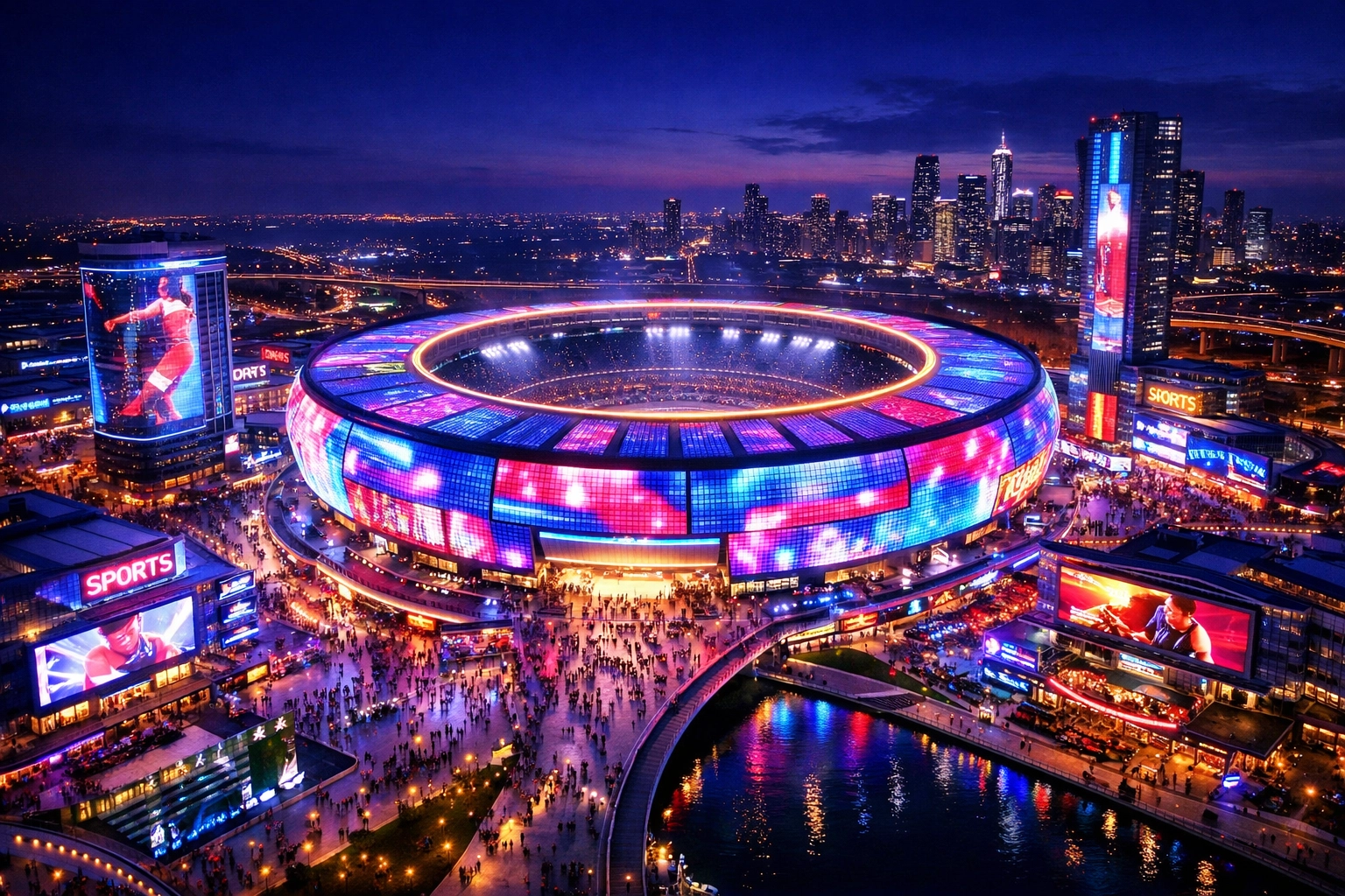 Aerial view of a sports entertainment district at twilight illuminated by synchronized digital advertising displays.
