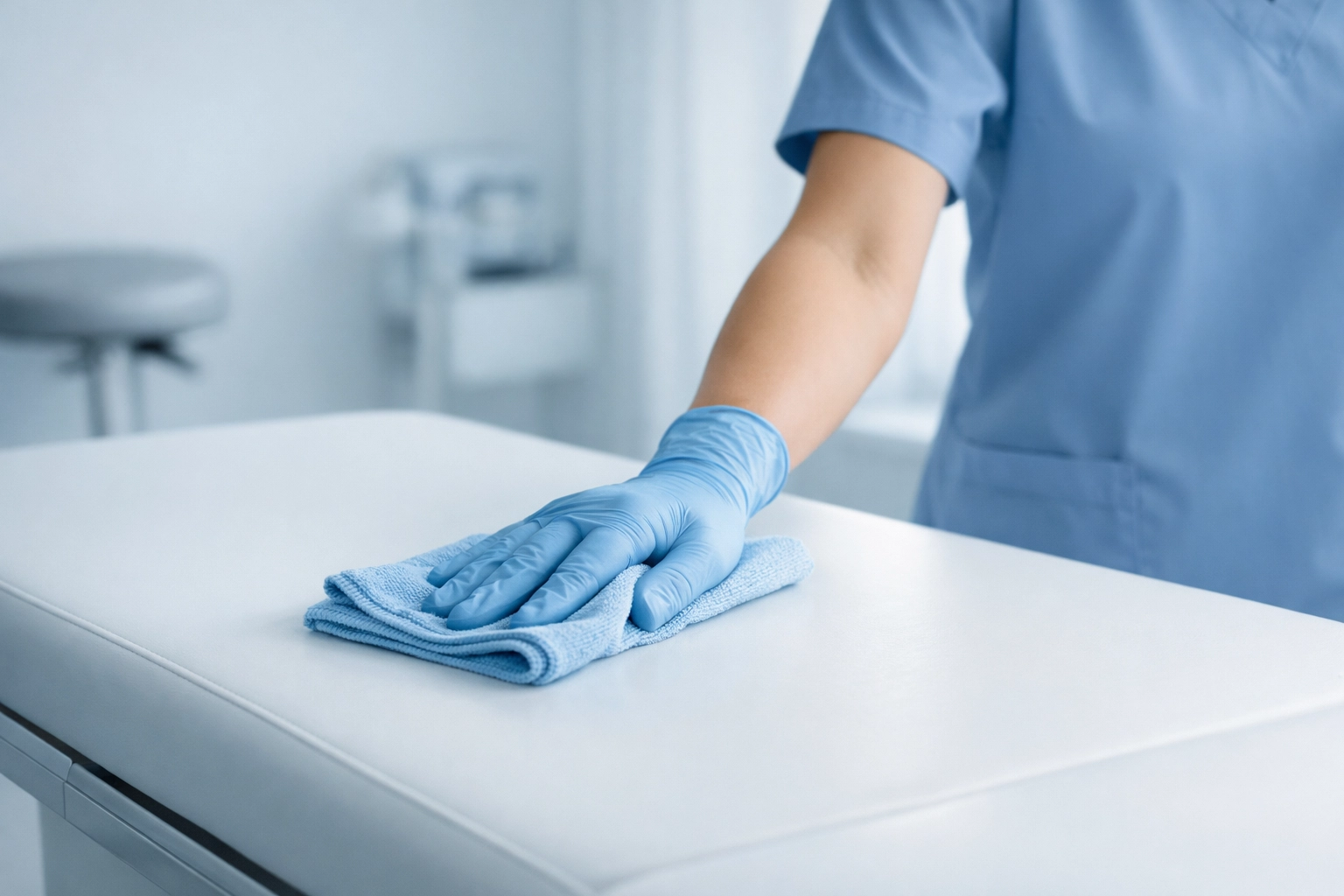 Healthcare worker wiping medical surface with microfiber cloth as part of proper disinfection protocol