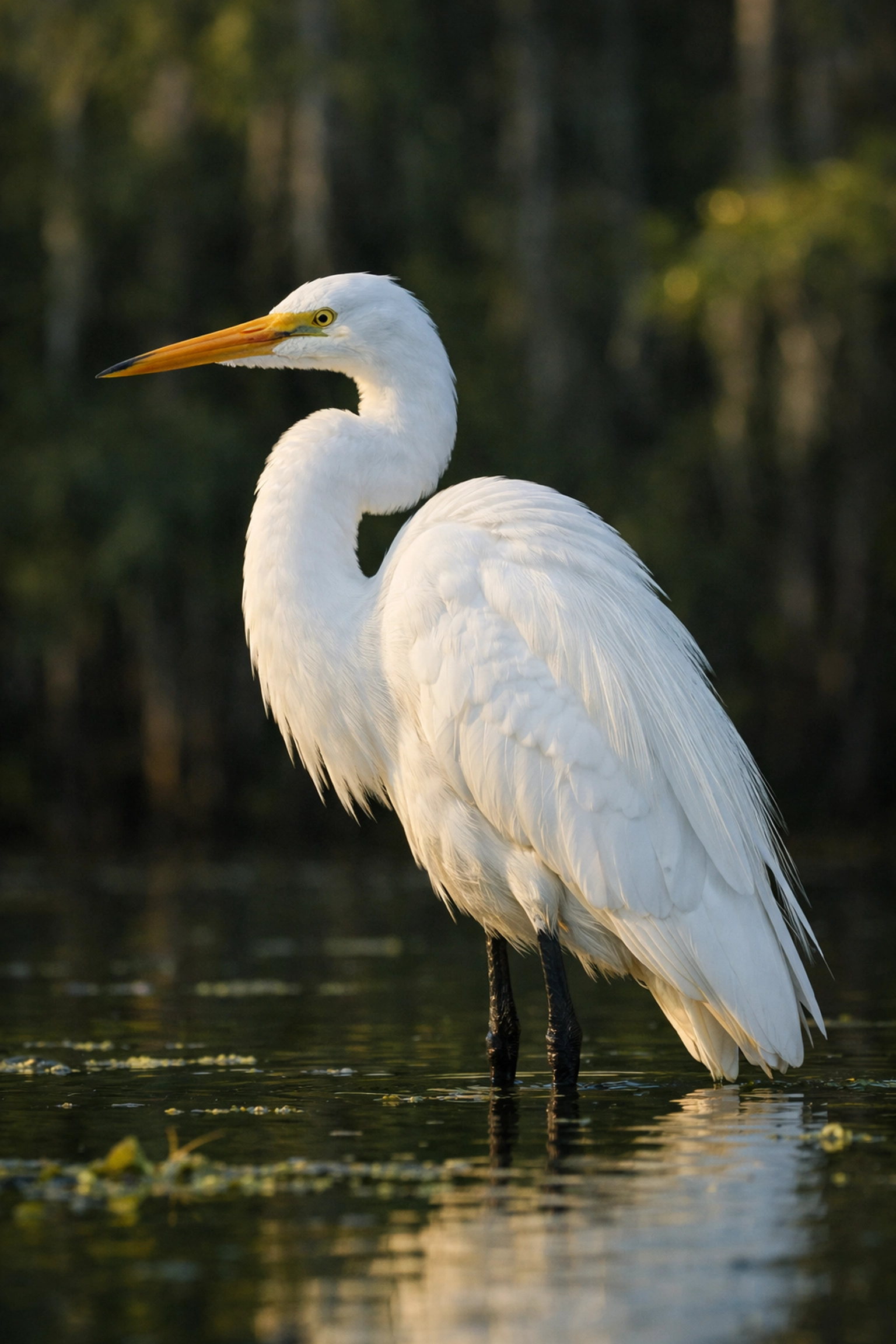 Great Egret with detailed white plumage in the Everglades, showing proper exposure for wildlife photography.