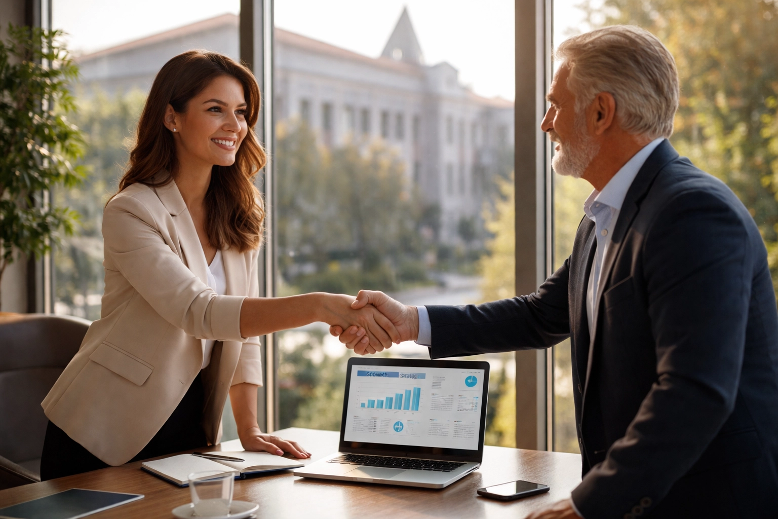Young female entrepreneur shaking hands with a venture capitalist in a modern campus conference room