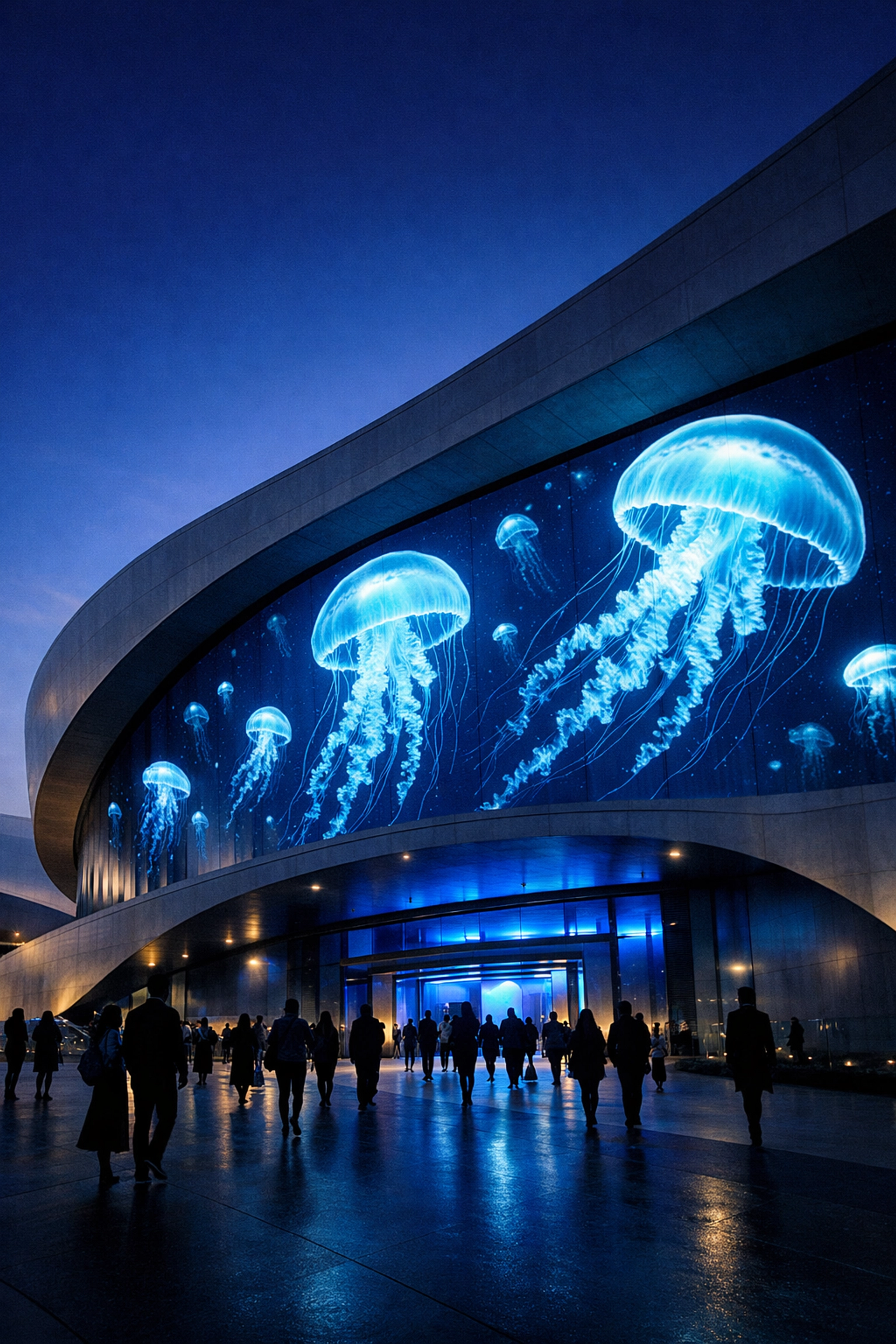 A world-class aquarium entrance featuring modern visual identity and digital displays to enhance the visitor experience.