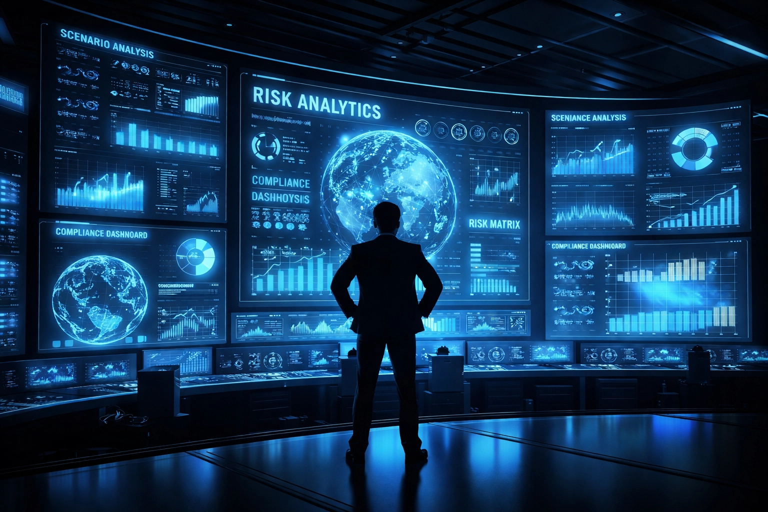 Modern command center with holographic risk analytics and compliance screens emphasizing private equity risk management
