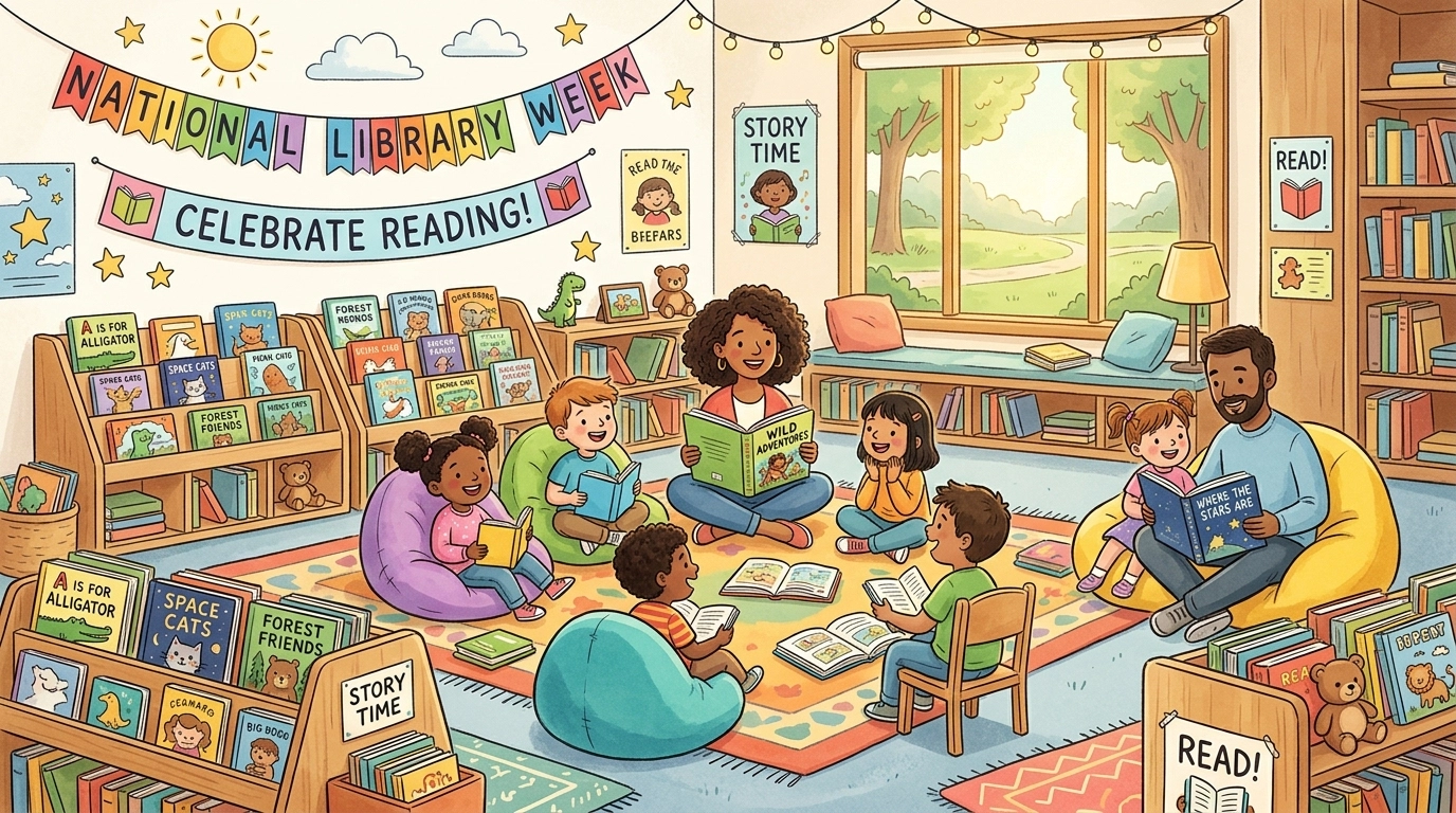 A vibrant and cozy children's library section during National Library Week with diverse families and colorful beanbags.