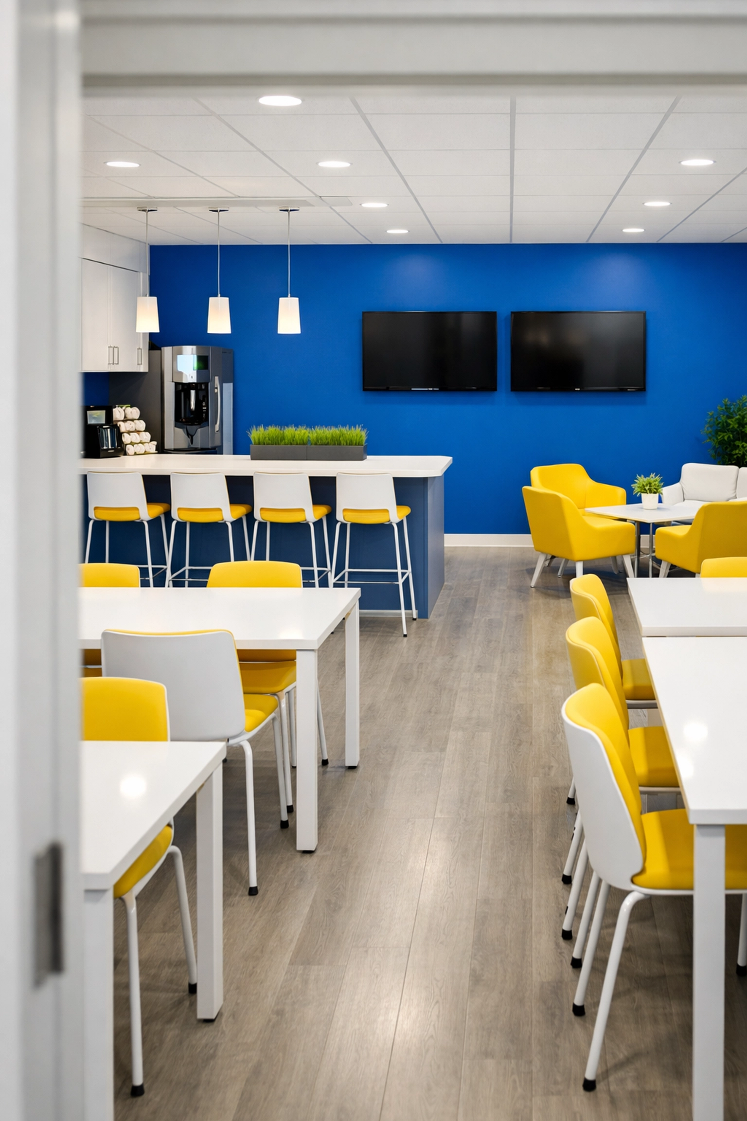 Sanitized and organized modern office breakroom cleaned by Holyoke commercial janitorial services.