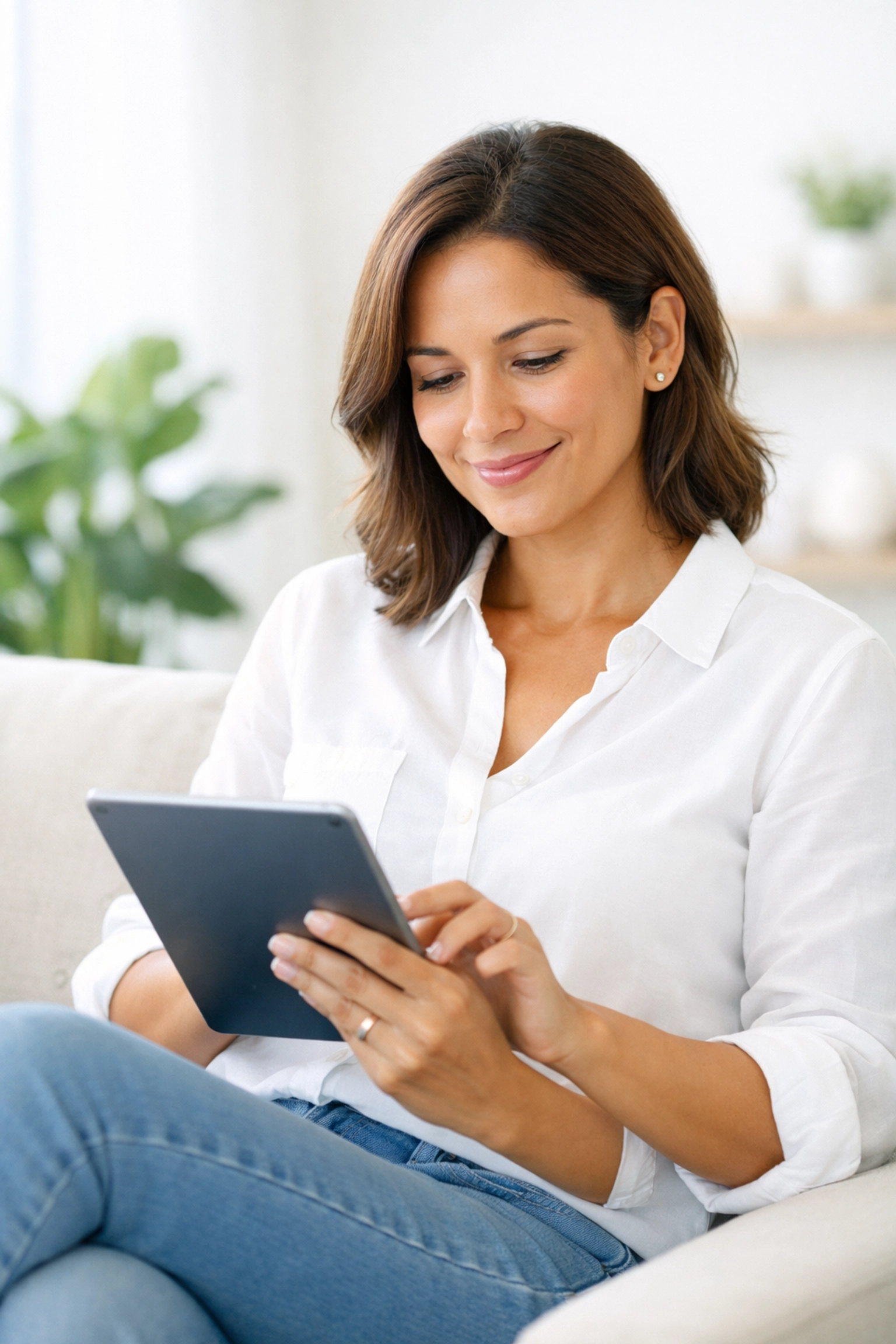 A woman completing an online weight loss assessment and telehealth consultation using a tablet at home.