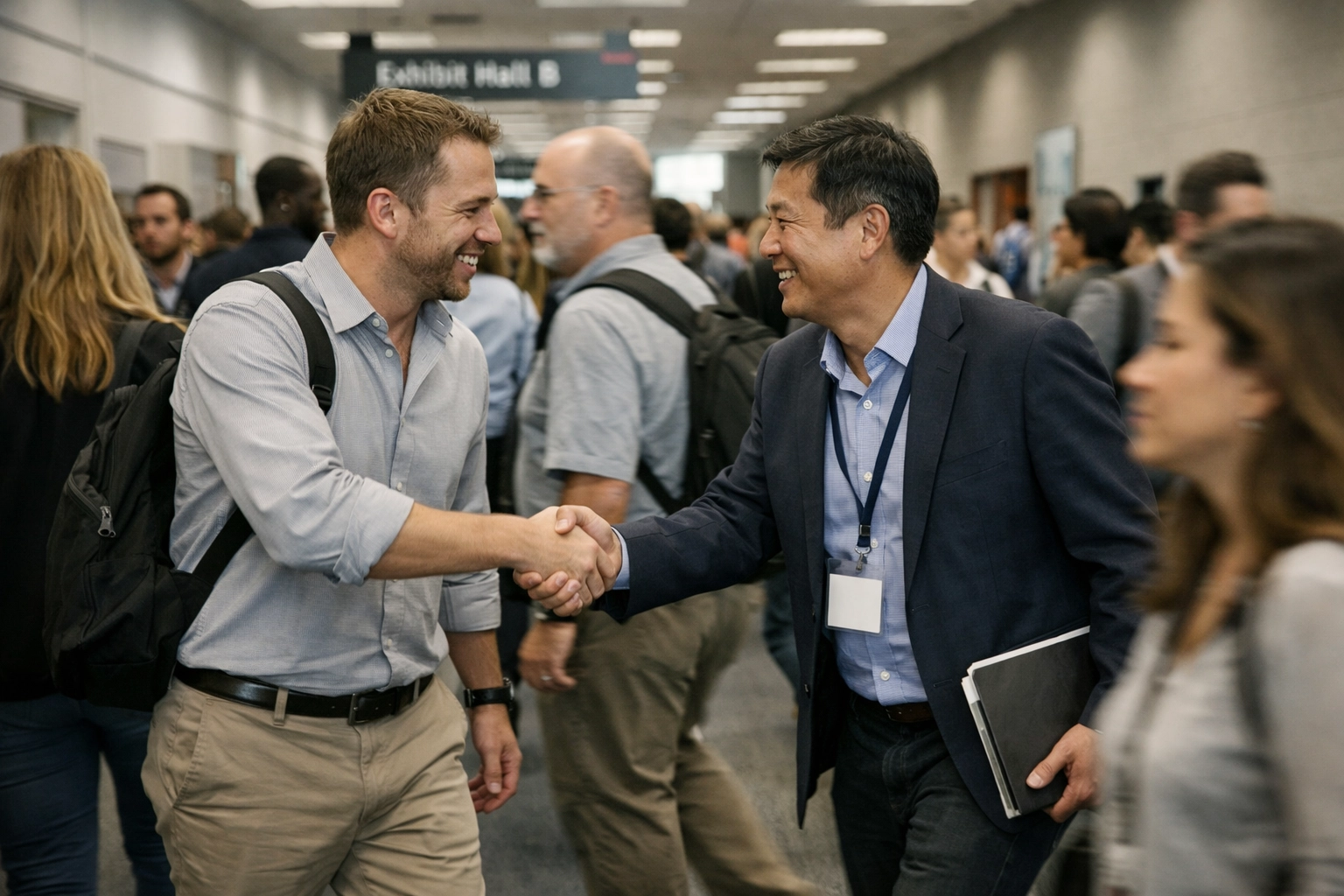 Business professionals shaking hands during a high-energy networking event in Las Vegas.
