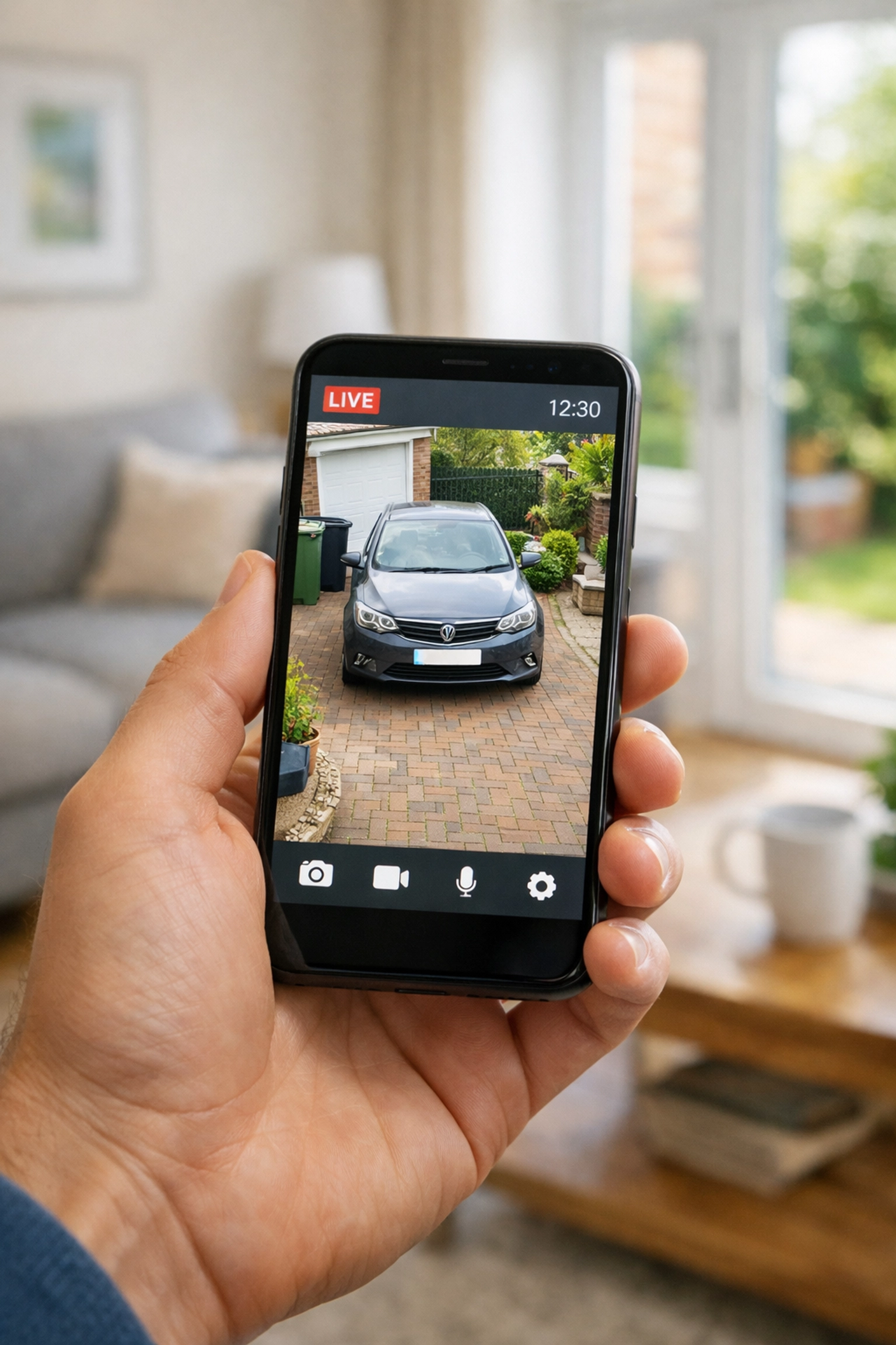 Remote home security monitoring in Trowbridge via smartphone showing a live CCTV camera feed of a residential driveway.