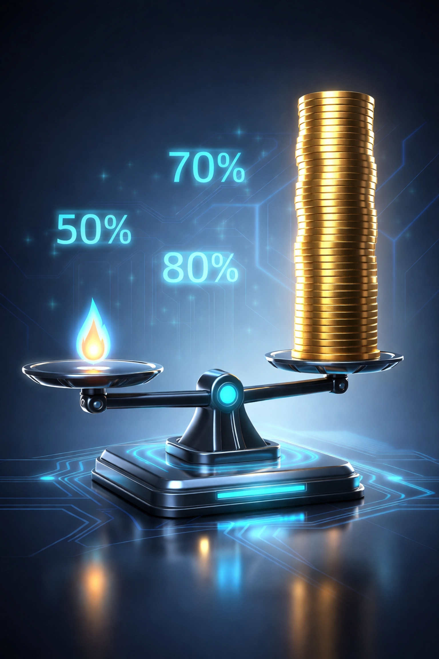 Digital balance scale highlighting massive fee savings from gas-only transfers in self-custody crypto payments