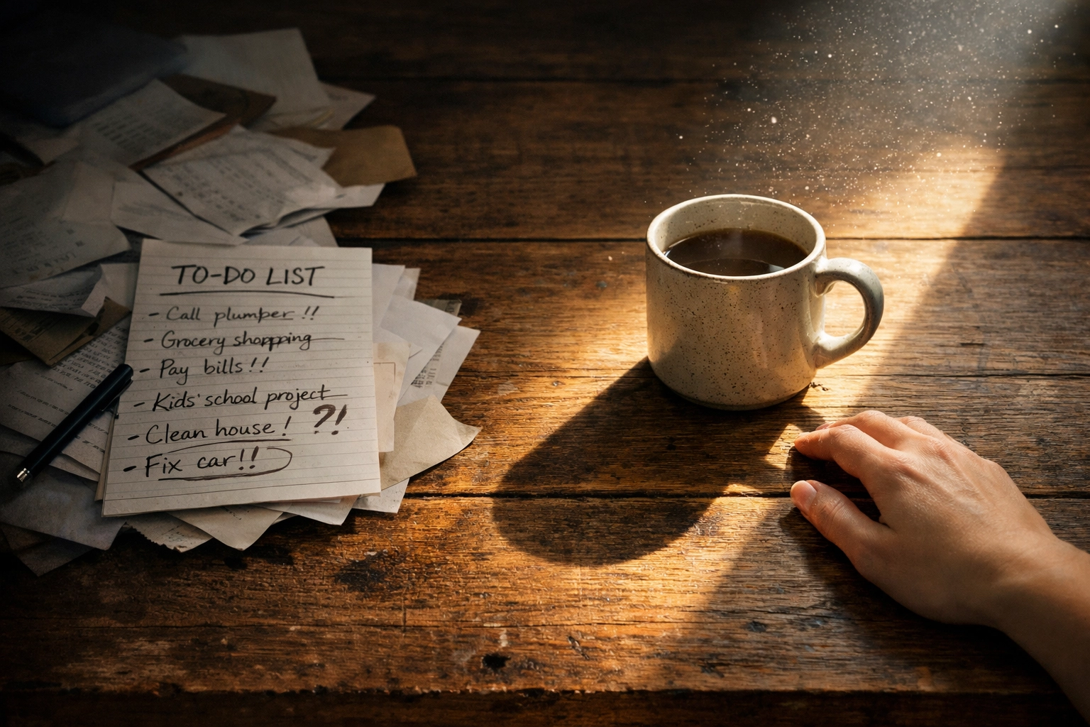 A peaceful moment in sunlight with a mug, choosing presence over a shadowed to-do list.
