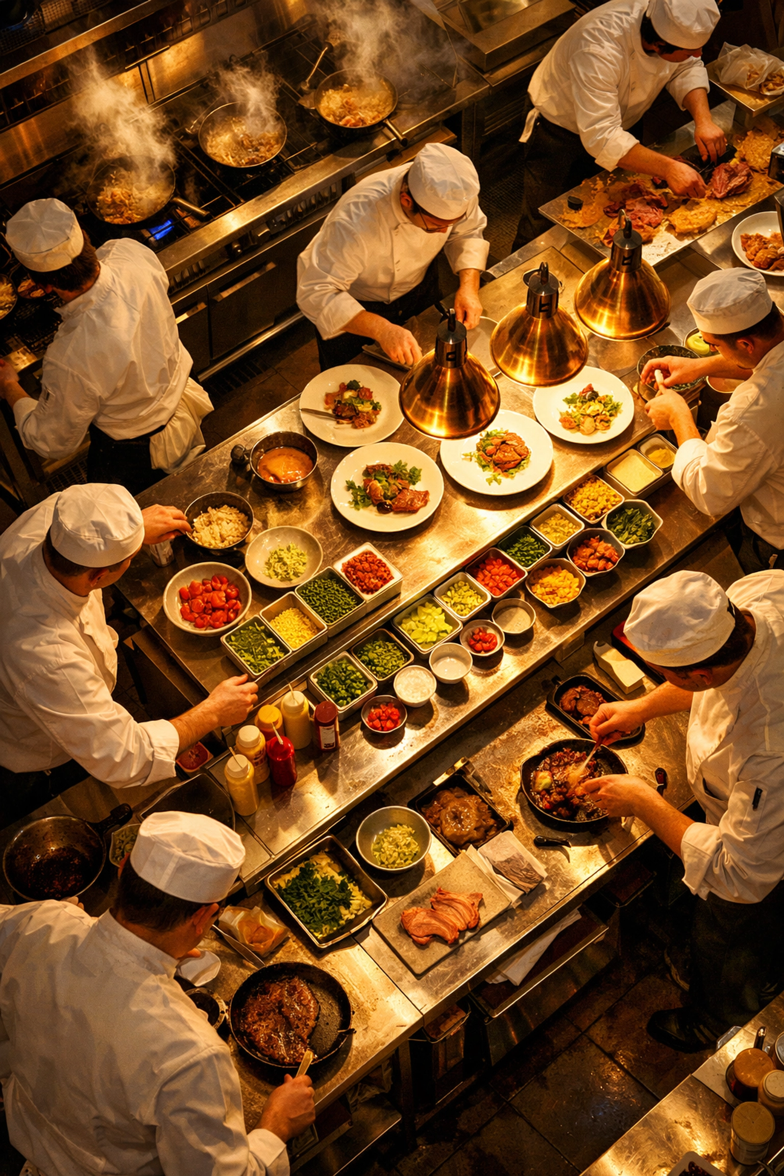 Busy restaurant kitchen during service showing hospitality operations and team coordination