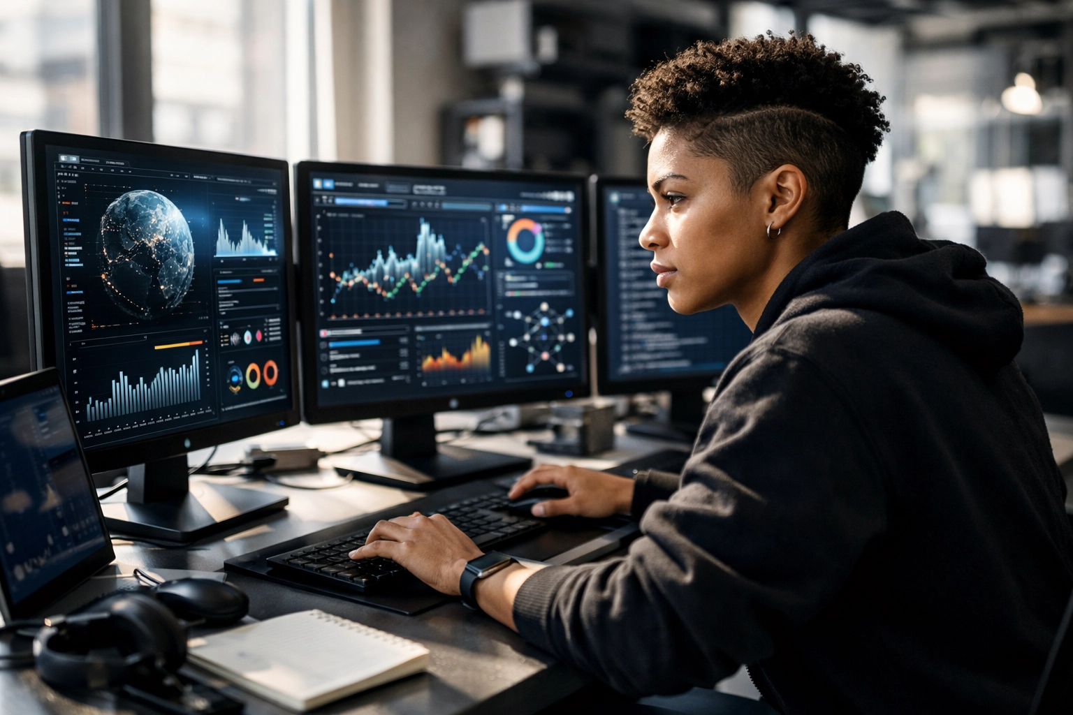 Young specialist demonstrating data analytics and AI skills in a modern professional tech lab.